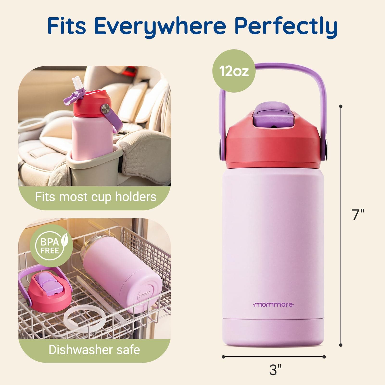 Mommore Kids Insulated Water Bottle with Soft Rubber Handle, 12oz Stainless Steel Thermos with Straw Lid, Leak Proof, Easy to Clean Design, Vacuum Small Canteen for School Boys Girls, Universe-1 Pc, view 2