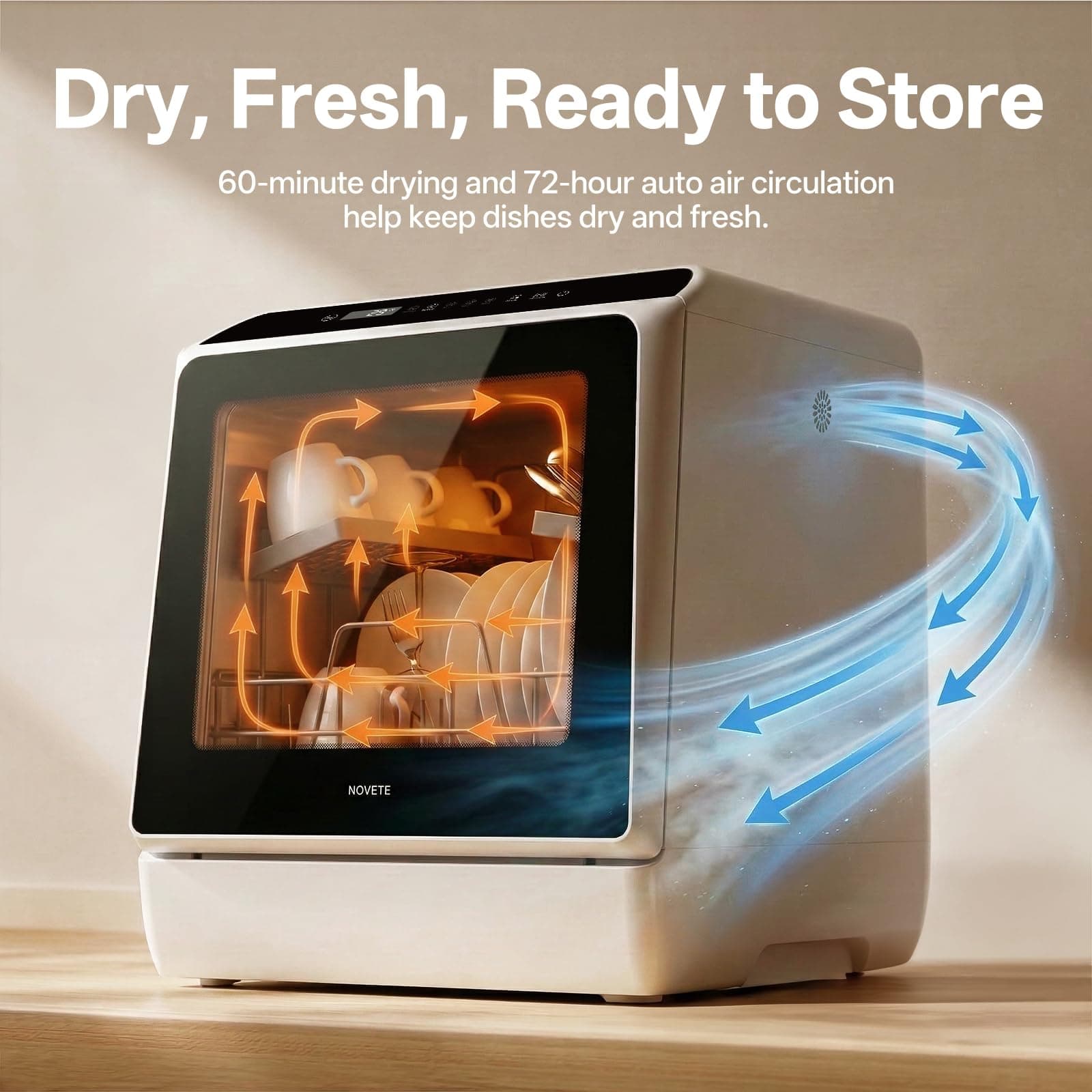 NOVETE Portable Countertop Dishwashers, Compact Dishwashers with 5L Built-in Water Tank & Inlet Hose, 5 Washing Programs, Baby Care, Air-Dry Function and LED Light for Small Apartments, view 4