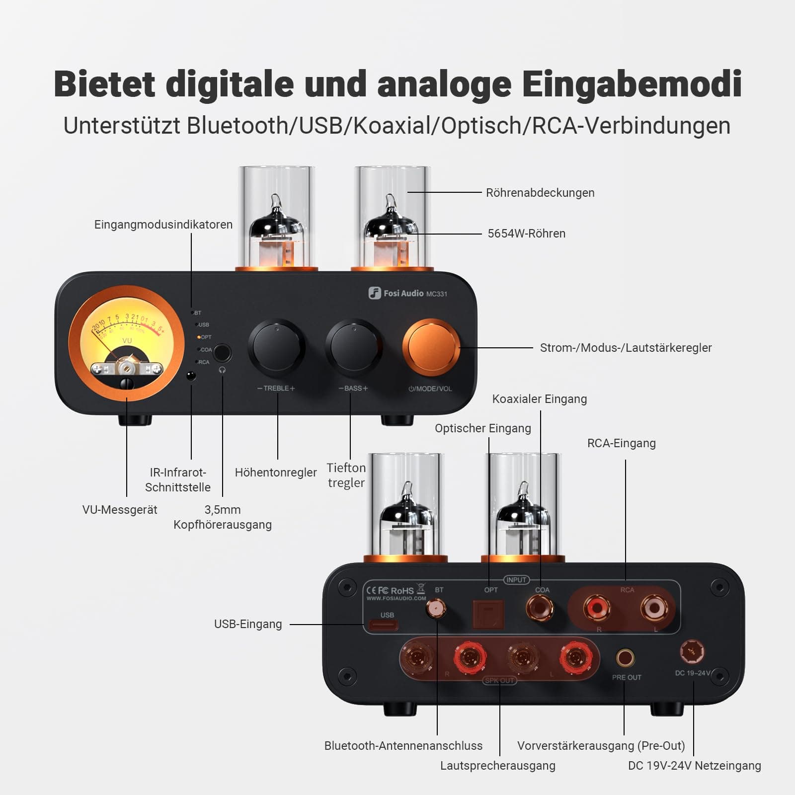 Fosi Audio MC331 Röhrenvollverstärker mit DAC, 2 Kanal Heim Stereo Audio Verstärker für HiFi Regallautsprecher/3,5mm Kopfhörer, Retro VU-Messer Vorverstärker mit Bluetooth und USB/Opt/Coax/RCA, view 4