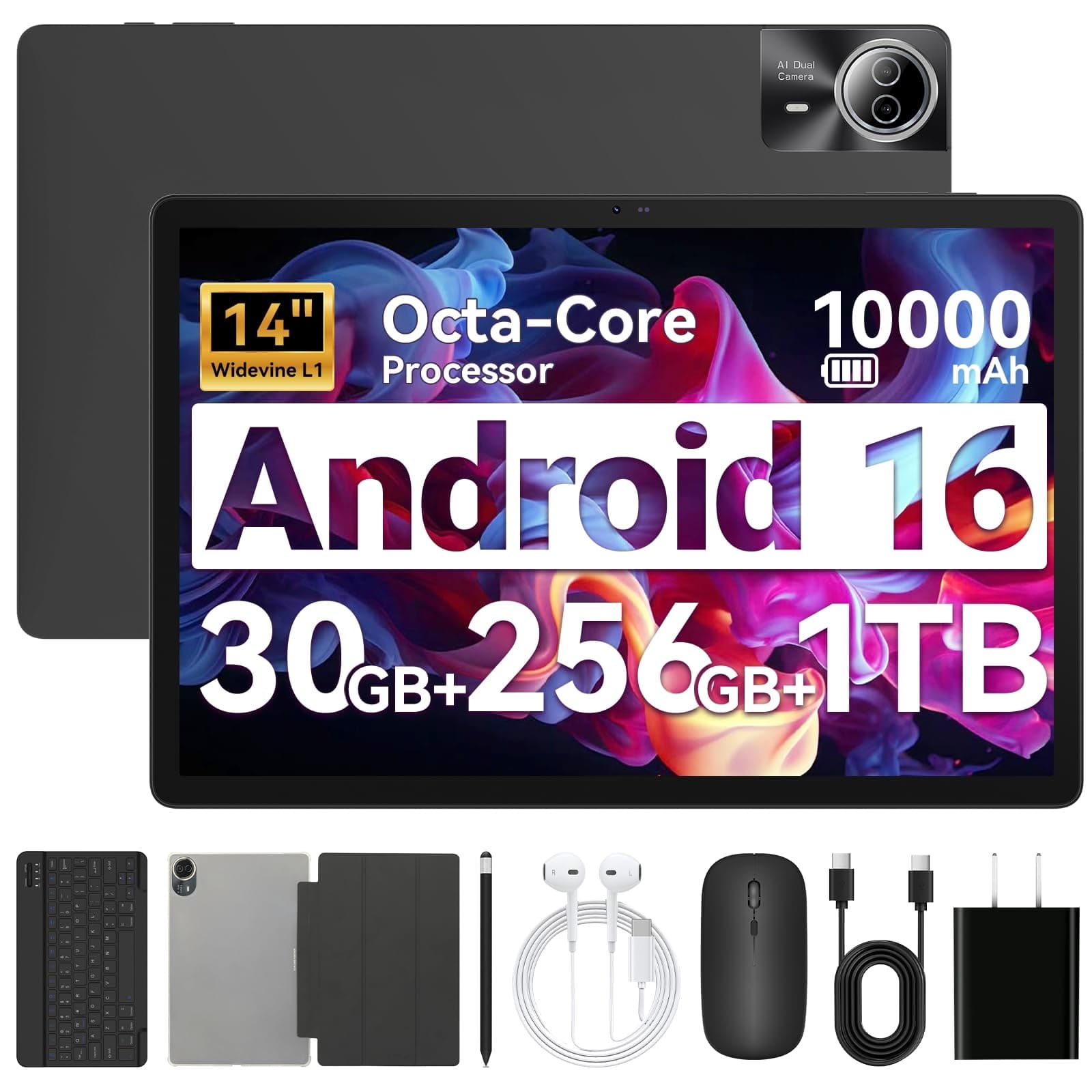 URAO Tablet|14 inch Android 16 Tablet|30GB RAM 256GB ROM |1920 * 1200 IPS FHD|10000mAh 30W Fast Charging|Octa-core Processor|Wi-Fi 6, BT 5.4|Dual Camera with Gemini AI|Keyboard|Stylus|Case|Headphone
