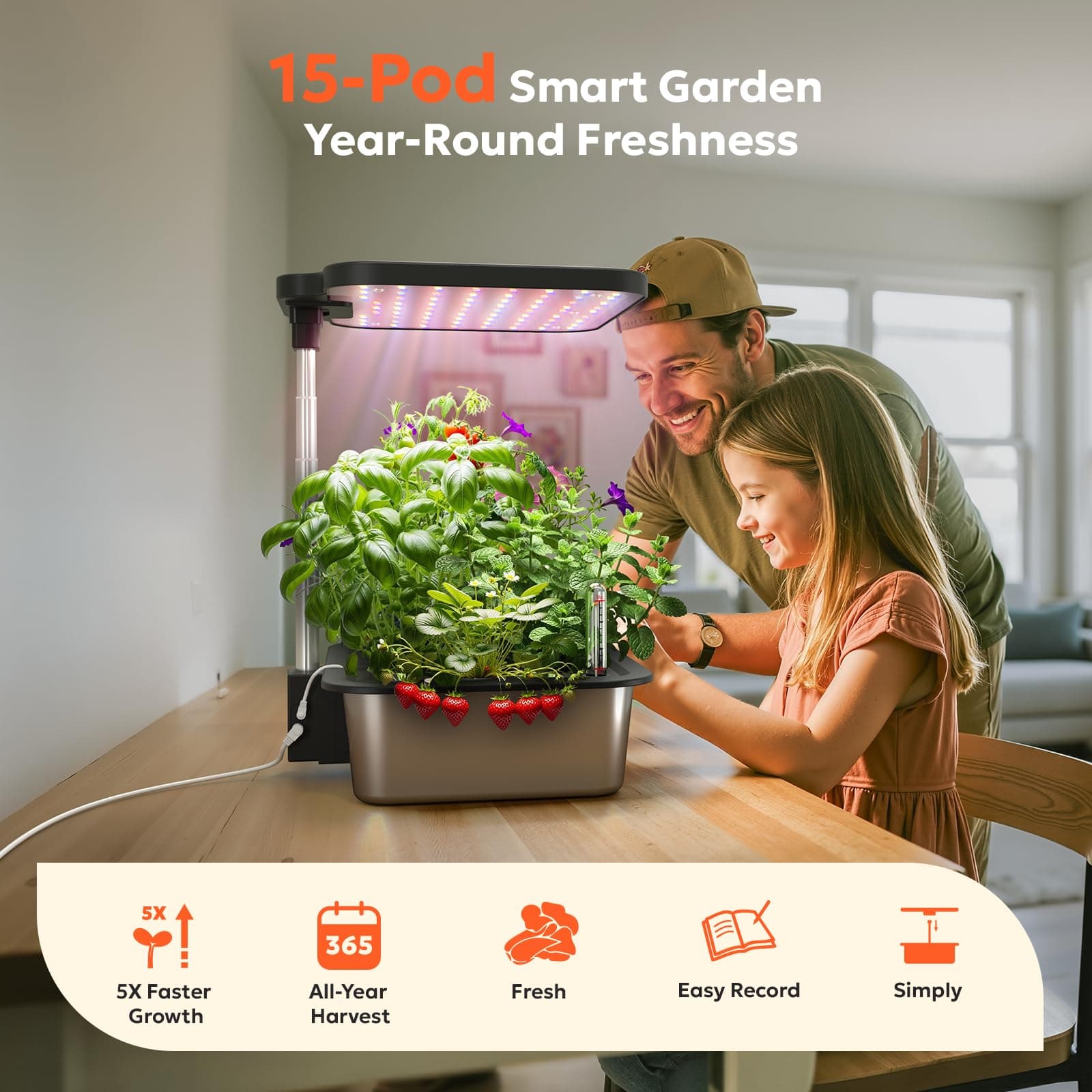 owltron Smart Hydroponics Growing System Kit,15 Pods Indoor Herb Garden with 36W LED Grow Light & APP Control, Planting Height Up to 30", Quiet Water Pump, Ideal Gift for All Ages Dark Silver, view 2