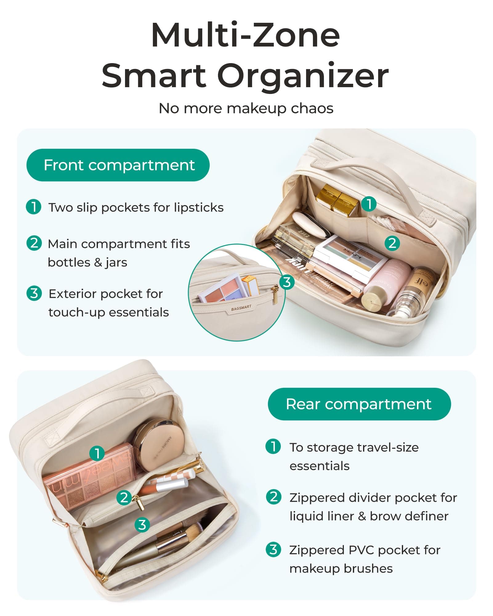 BAGSMART Travel Makeup Bag, Make Up Bag with Multiple Compartments for Organizer, Durable & Compact Cosmetic Organizer for Women for Travel Accessories (Beige), view 4