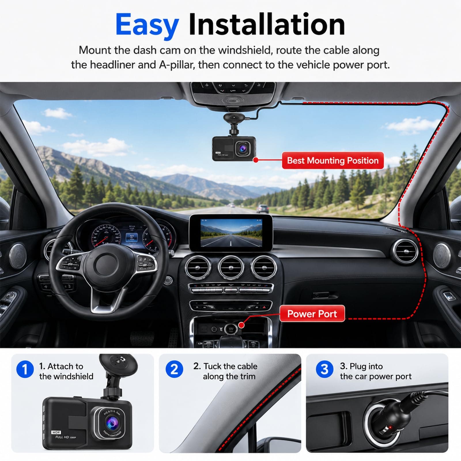 3-inch 1080p High-Definition Dash cam for Cars, 24 Hour Recording, 170° Large Wide-Angle,Super Night Vision, G-Sensor Parking Monitoring Loop Video Motion Detection, view 6