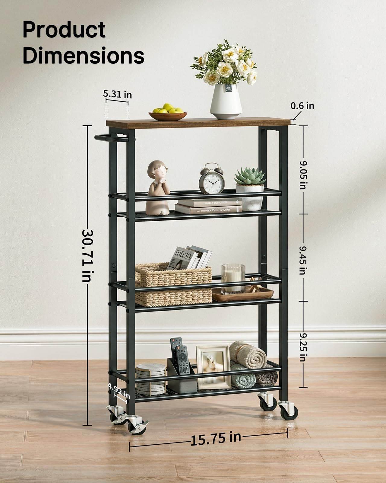 Pipishell Slim Storage Cart with Wheels - 4 Tier Rolling Kitchen Storage Cart with Handle and Wood Top, Metal Slim Bathroom Cart for Laundry Room, Bathroom, Kitchen, Narrow Space, Black & Rustic Brown, view 6