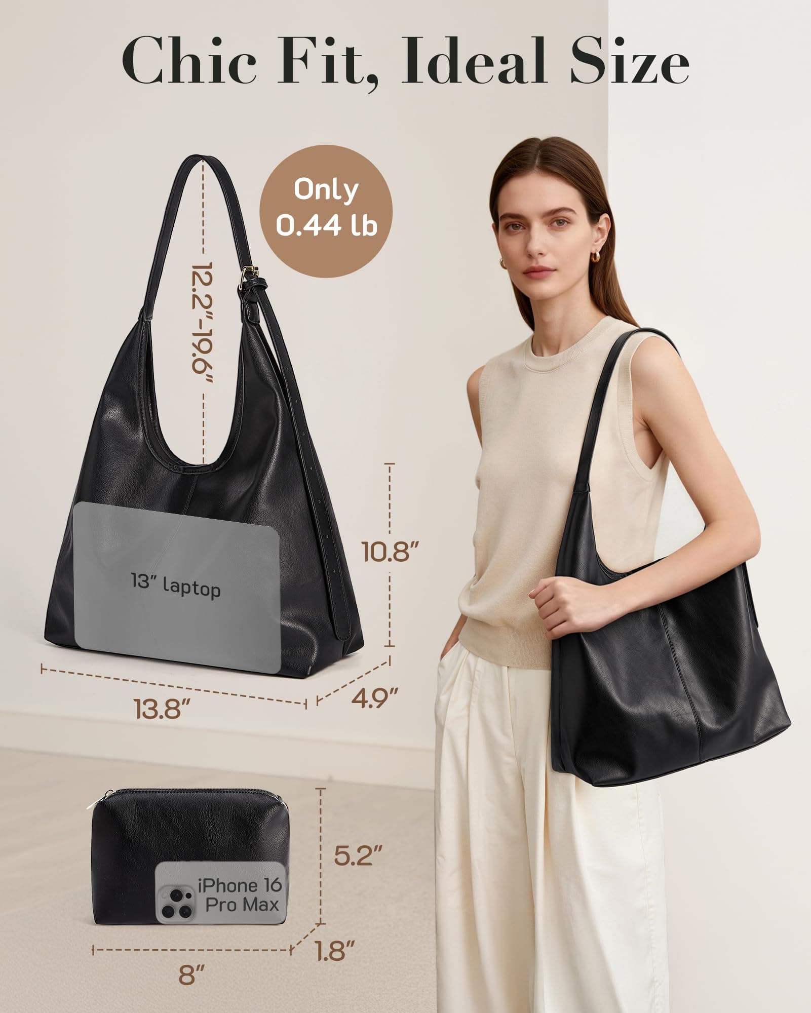 Missnine Hobo Bags Purses for Women, Soft Shoulder Bag Vegan Leather Tote Crossbody Purse Ladies Slouchy Handbag with Pouch, Coffee, view 5