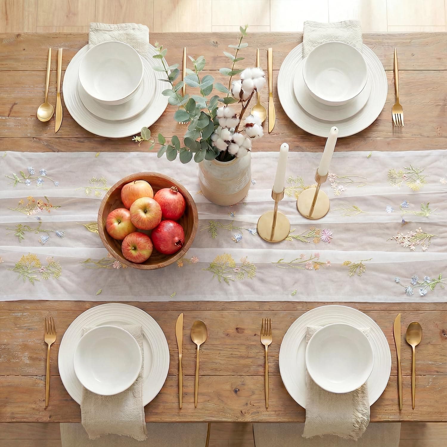 Artoid Mode 3PC Wildflower Floral Milky White Gauze Embroidery Table Runner 120 Inch 10FT, Tulle Seasonal Spring Kitchen Dining Table Decor for Home Party, view 7