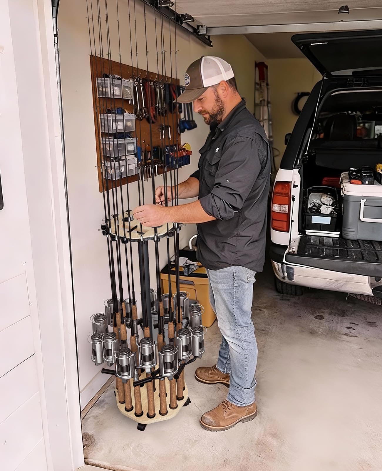 KEXMO Mobile Fishing Rod Holder Pole Rack for Garage, 360 Degree Lockable Wheels, Rigging Station, Heavy-Duty Steel Space-Saving Floor Stand, Holds 16 Combos, Fishing Gear Storage, Natural Wood Grain, view 9