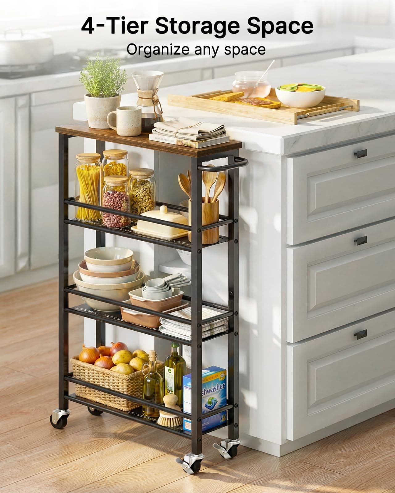 Pipishell Slim Storage Cart with Wheels - 4 Tier Rolling Kitchen Storage Cart with Handle and Wood Top, Metal Slim Bathroom Cart for Laundry Room, Bathroom, Kitchen, Narrow Space, Black & Rustic Brown, view 7