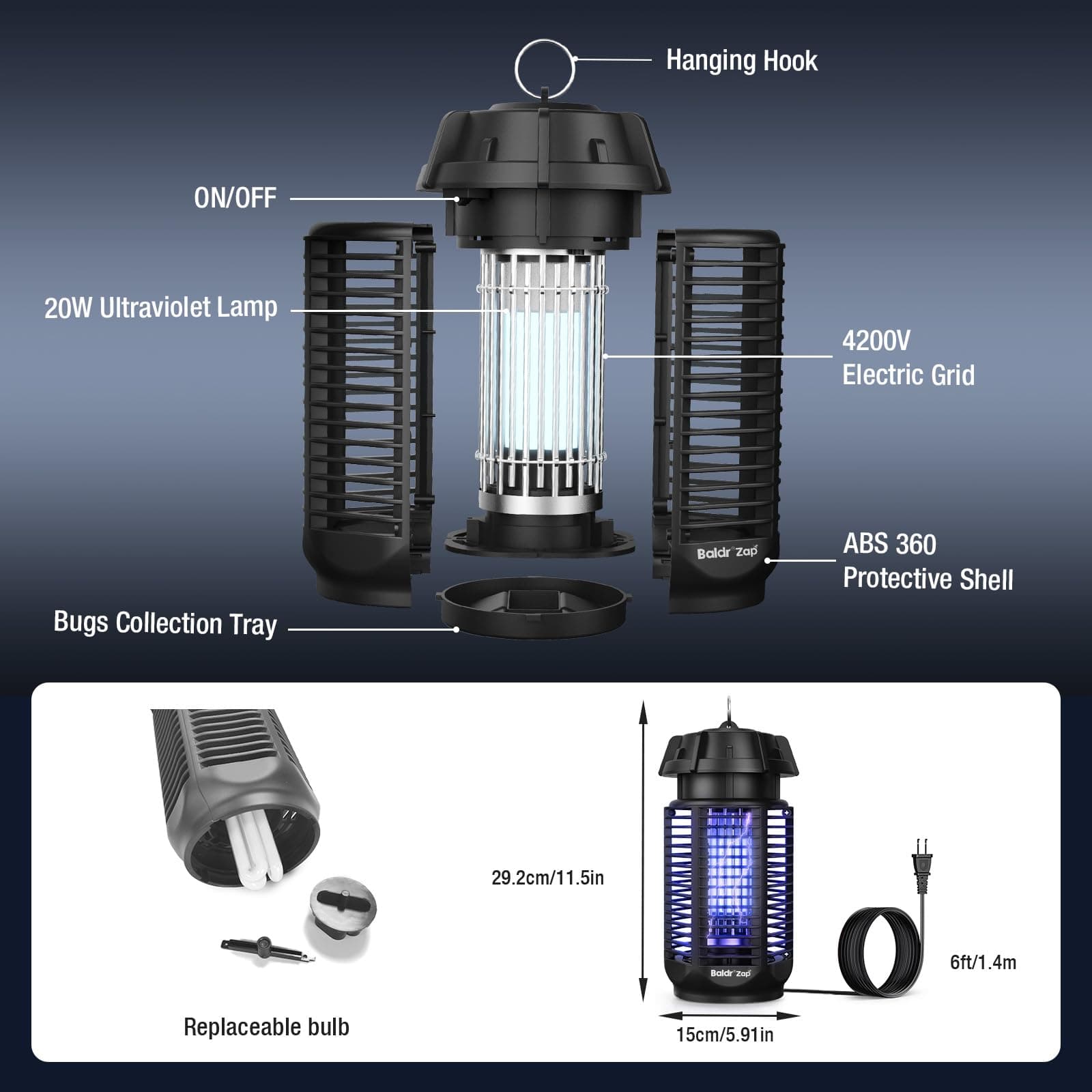 BALDR Bug Zapper Outdoor Indoor, 20W Power & 4200V Instant Grid Mosquito Repellent, Coverage of 1/2 Acre Fly Trap for Patio, Backyard, Home,2 Pack, view 5
