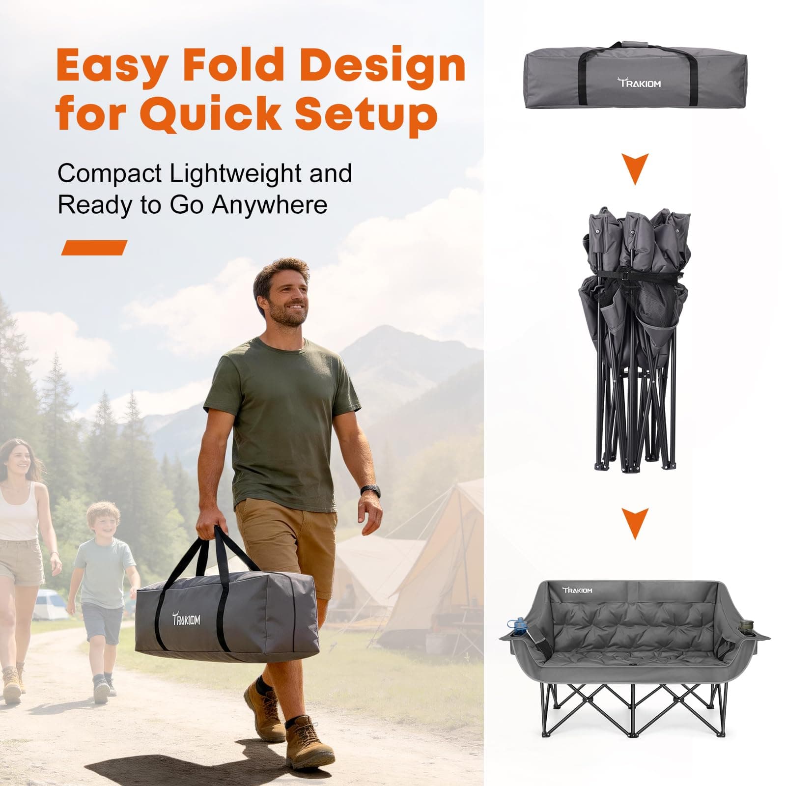 Trakiom Double Camping Chair, Oversized with Cup Holders, Grey, view 6
