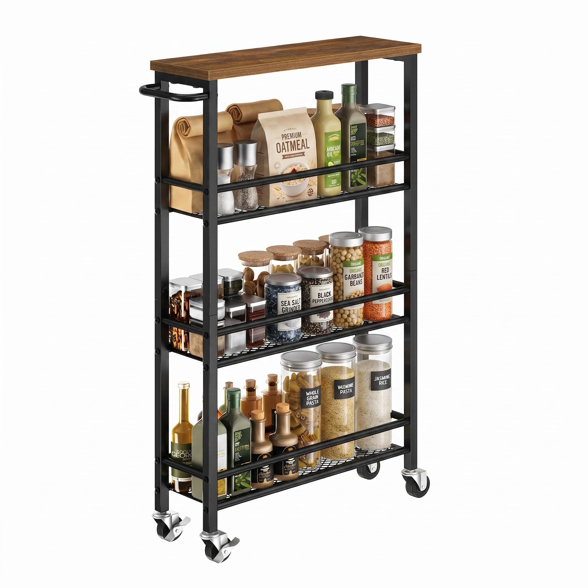 Pipishell Slim Storage Cart with Wheels - 4 Tier Rolling Kitchen Storage Cart with Handle and Wood Top, Metal Slim Bathroom Cart for Laundry Room, Bathroom, Kitchen, Narrow Space, Black & Rustic Brown, TickClip Clip verdict