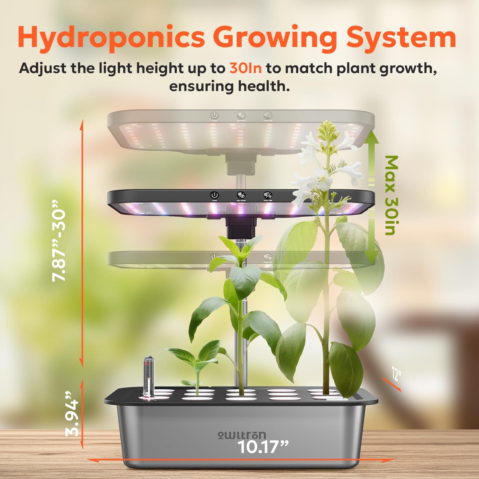 owltron Smart Hydroponics Growing System Kit,15 Pods Indoor Herb Garden with 36W LED Grow Light & APP Control, Planting Height Up to 30", Quiet Water Pump, Ideal Gift for All Ages Dark Silver, view 4