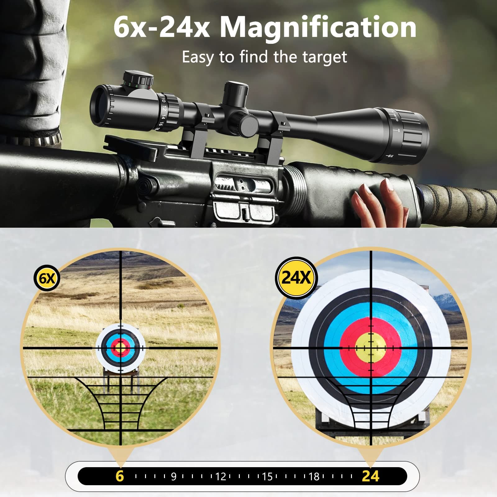 CVLIFE Hunting Rifle Scope 6-24x50 AOE Red and Green Illuminated Gun Scope with Free Mount, view 4