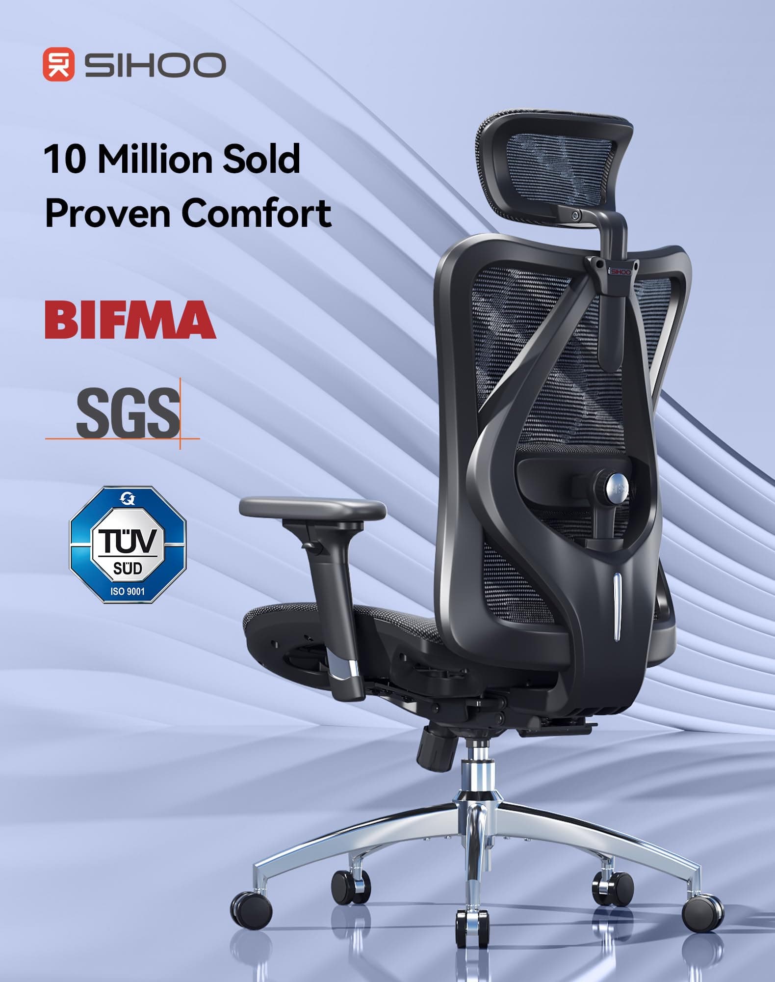 SIHOO M57 Ergonomic Office Chair, Mesh Back Desk Chair with 3D Armrests, view 5