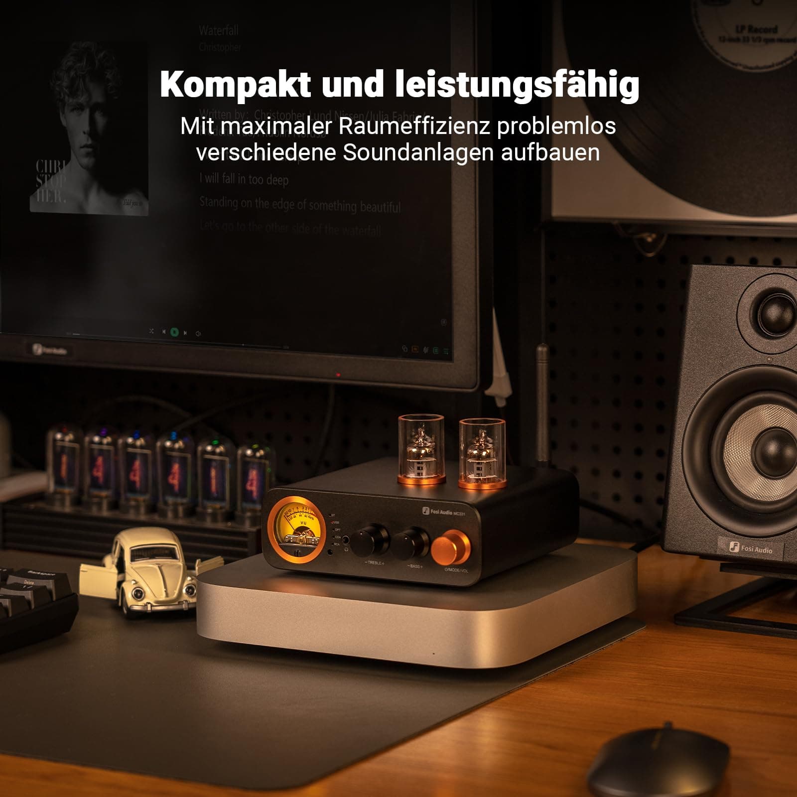 Fosi Audio MC331 Röhrenvollverstärker mit DAC, 2 Kanal Heim Stereo Audio Verstärker für HiFi Regallautsprecher/3,5mm Kopfhörer, Retro VU-Messer Vorverstärker mit Bluetooth und USB/Opt/Coax/RCA, view 3