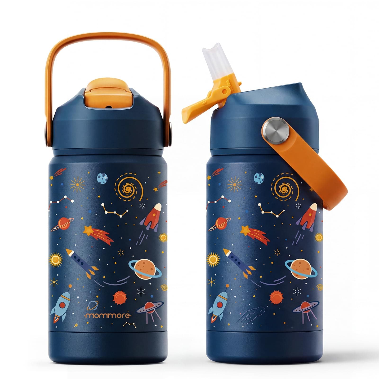 Mommore Kids Insulated Water Bottle with Soft Rubber Handle, 12oz Stainless Steel Thermos with Straw Lid, Leak Proof, Easy to Clean Design, Vacuum Small Canteen for School Boys Girls, Universe-1 Pc, TickClip Tick verdict
