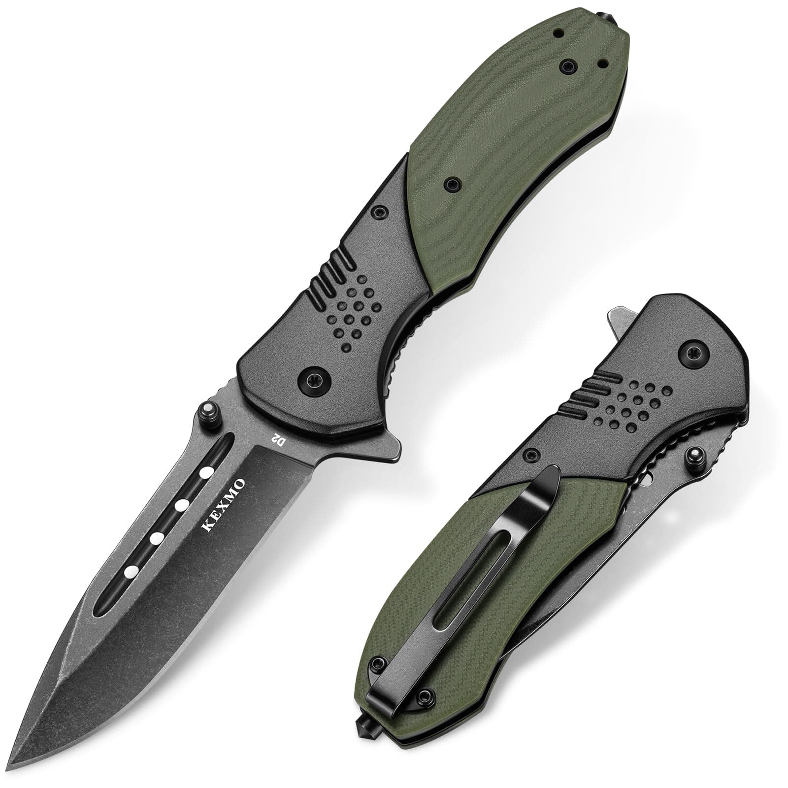 KEXMO Folding Pocket Knife with 3.46" D2 Steel Black Stone Wash Blade and G10 Handle Small Camping Knife for Men Women EDC Outdoor Survival Fishing, Green, TickClip Skip verdict