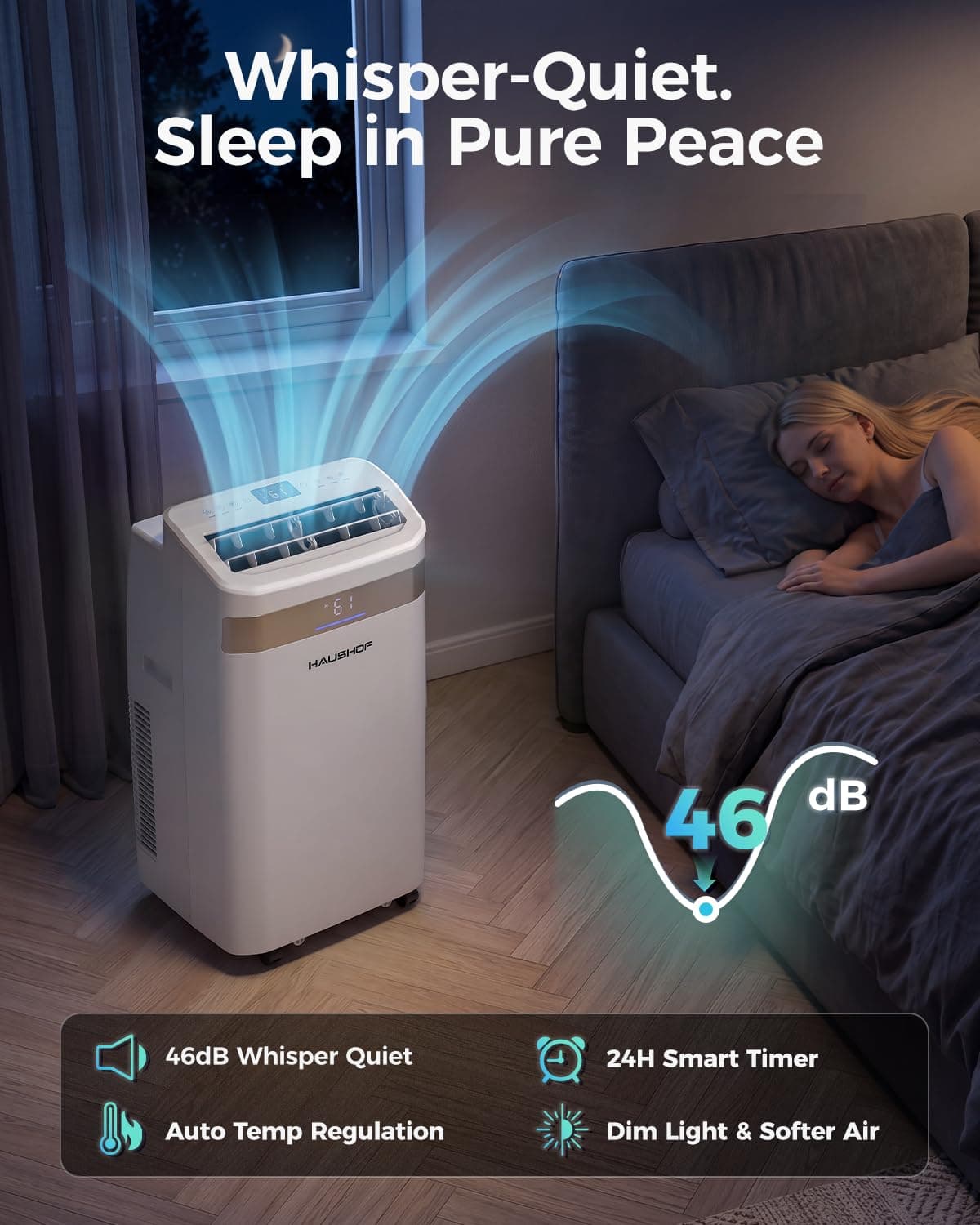 HAUSHOF 12000 BTU Portable Air Conditioners, Portable AC with Cool, Fan, Dry & Sleep Mode, AC Unit Portable with 35°-70° Auto Swing, Remote Control,24H Timer, Window Kit & Exhaust Hose Sleeve Included, view 4