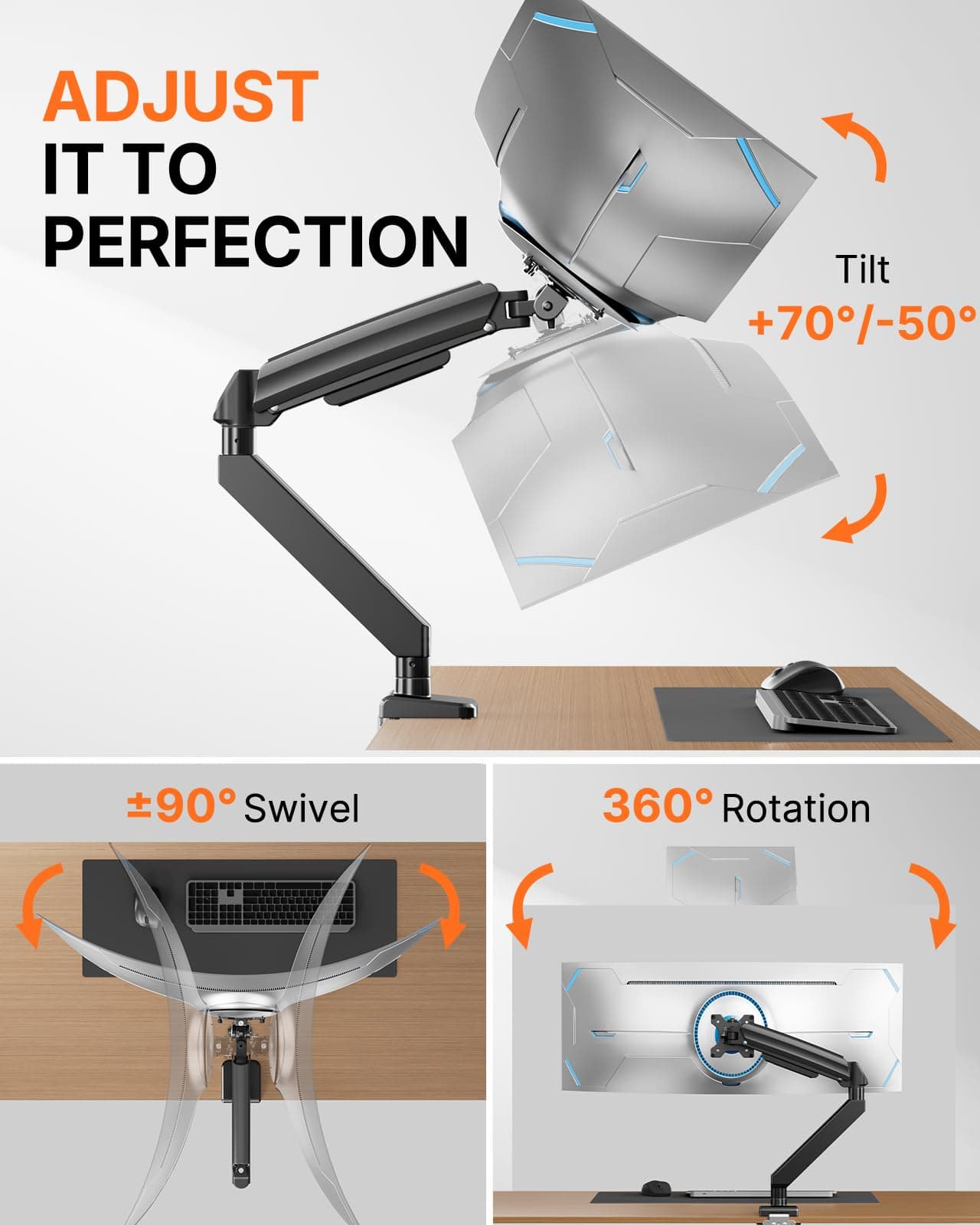 ErGear Heavy Duty Monitor Arm for 13-49″ Ultrawide Screens, 37.4 lbs Capacity, Full Motion Monitor Desk Mount, Rock-Solid Support, Dual C-Clamp & Grommet Mount, VESA 75x75/100x100mm, view 5