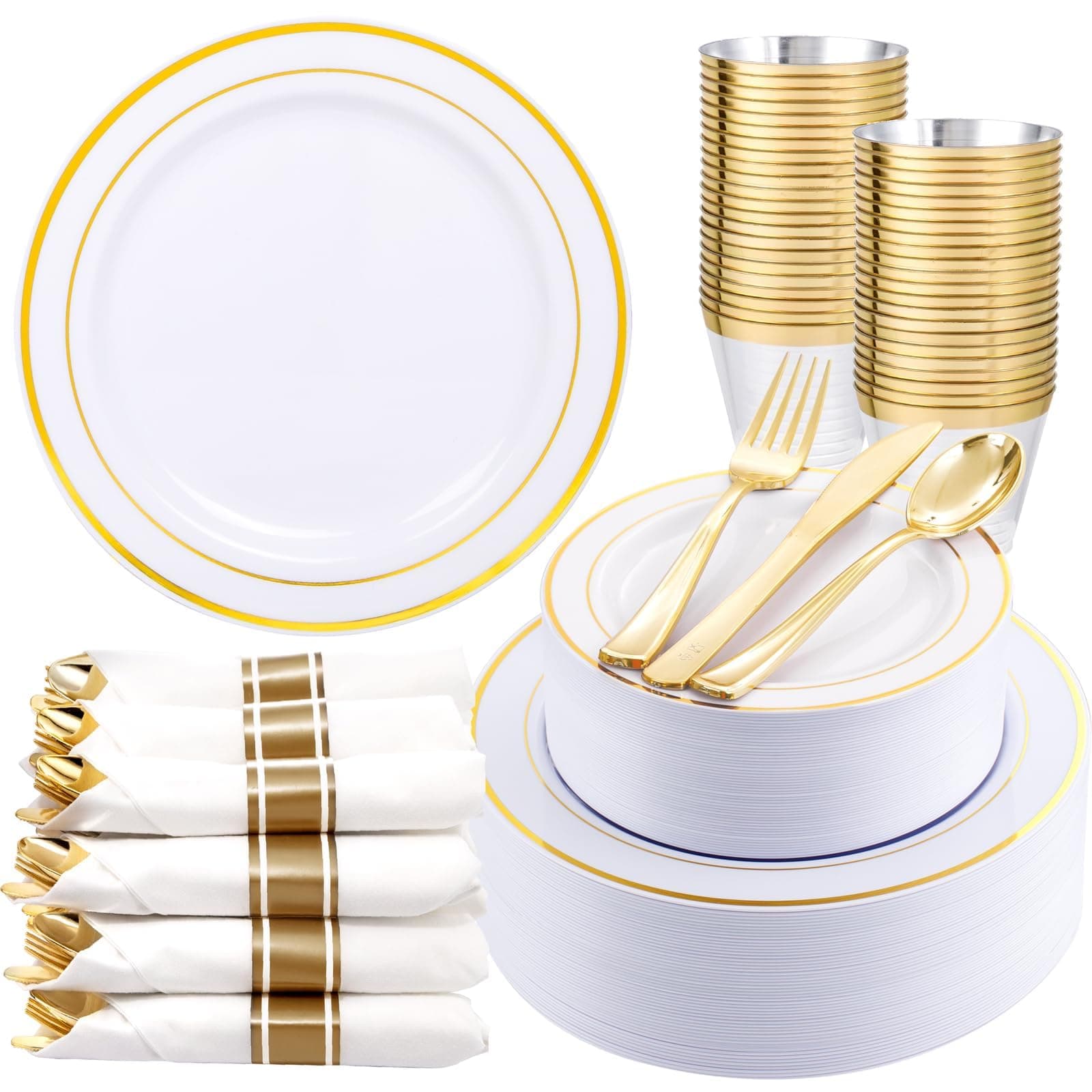 WDF Partyware 350Piece Gold Dinnerware Set for 50 Guests - Gold Plastic Plates with Disposable Cutlery - 50Dinner Plates-50Dessert Plates-50Pre Rolled Napkins with Silverware for Wedding/Birthday, TickClip Tick verdict