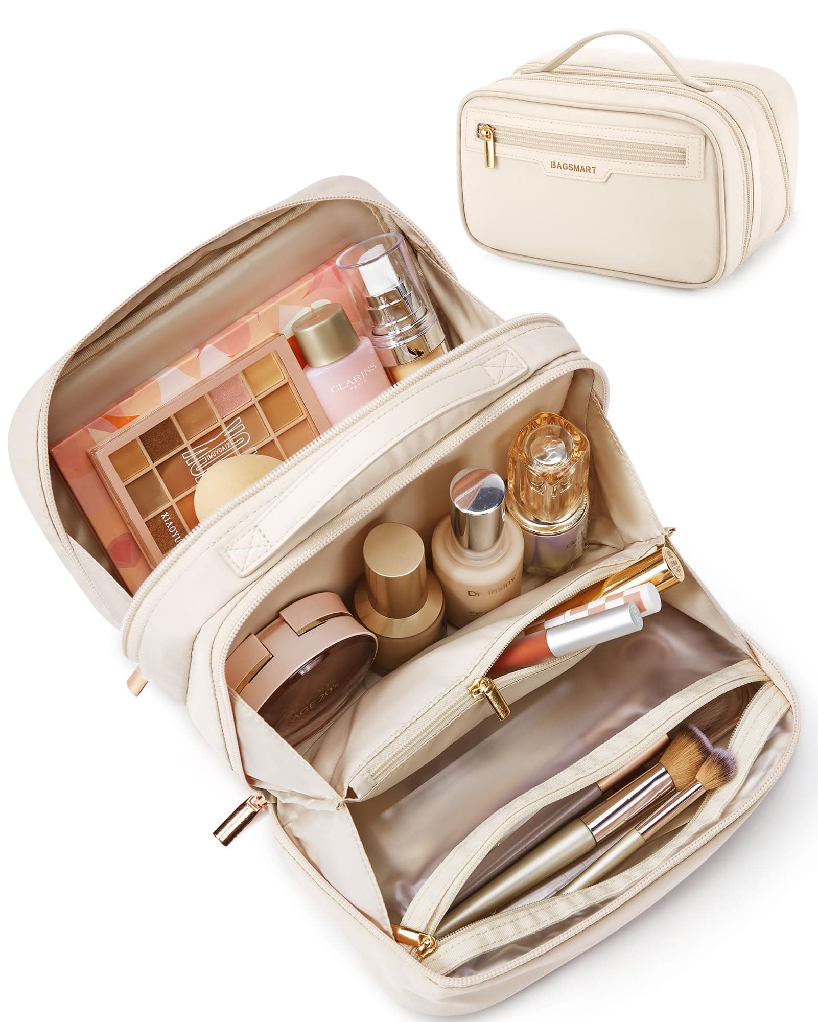 BAGSMART Travel Makeup Bag, Make Up Bag with Multiple Compartments for Organizer, Durable & Compact Cosmetic Organizer for Women for Travel Accessories (Beige), TickClip Clip verdict