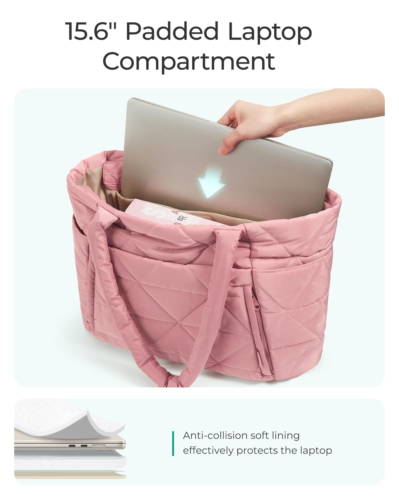 BAGSMART Tote Bag for Women, Puffy Tote Bag with Zipper, Large Quilted Shoulder Bag with Compartments for Travel, Work, Gym (Dark Pink), view 7