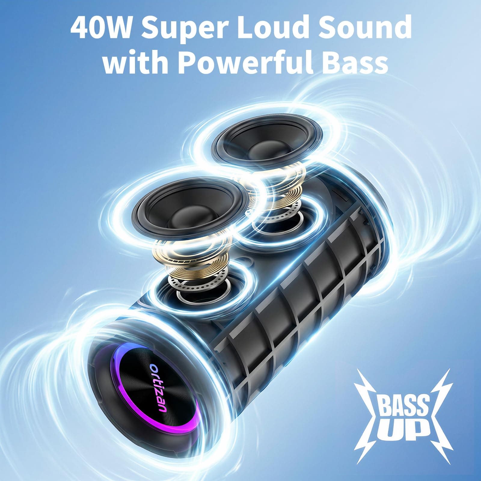 Ortizan Portable Bluetooth Speaker Wireless (2nd Gen), 40W Loud Sound and Deep Bass, 30 Hours Playtime, IPX7 Waterproof, TWS for 2 Speakers Pairing for Shower, Outdoor, Electronics Gift (Black), view 2