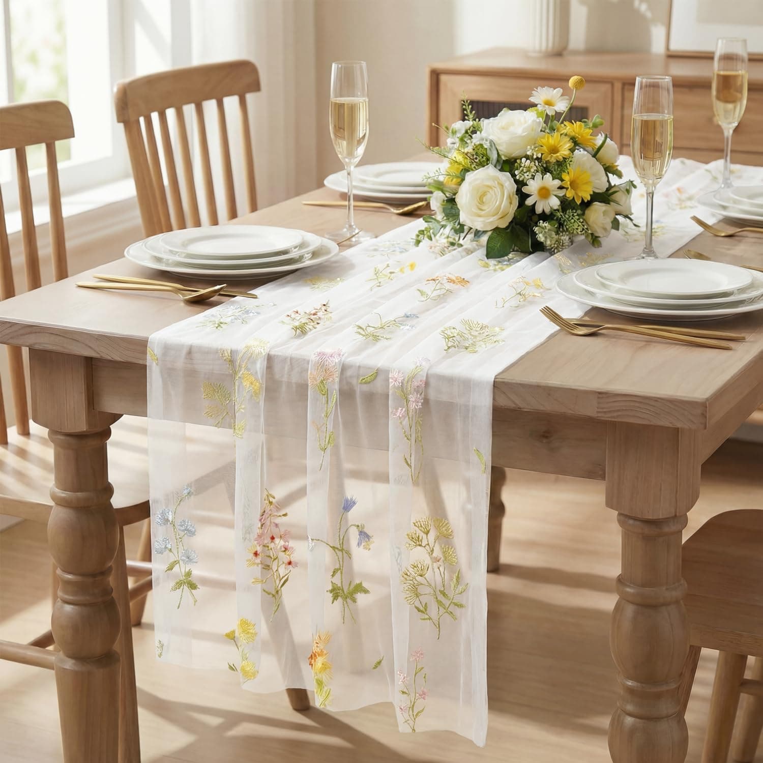 Artoid Mode 3PC Wildflower Floral Milky White Gauze Embroidery Table Runner 120 Inch 10FT, Tulle Seasonal Spring Kitchen Dining Table Decor for Home Party, view 2