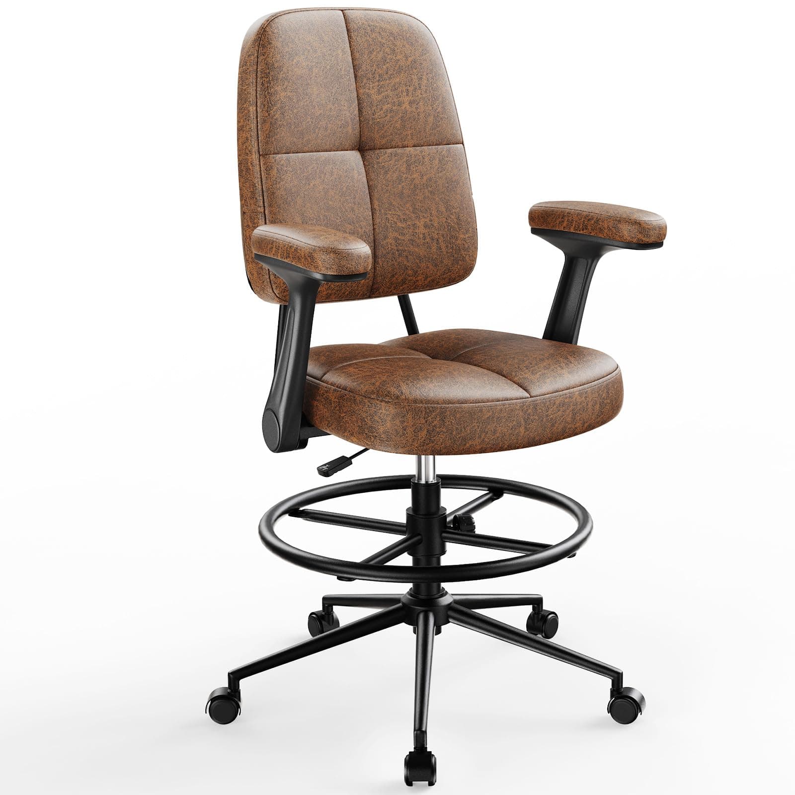 Marsail Ergonomic Drafting Chair for Standing Desk, 330lbs Heavy Duty Tall Office Chair with Adjustable Foot Ring & Flip-Up Arms, Comfort Brown Leather, 3.5" Thick Cushion, TickClip Tick verdict
