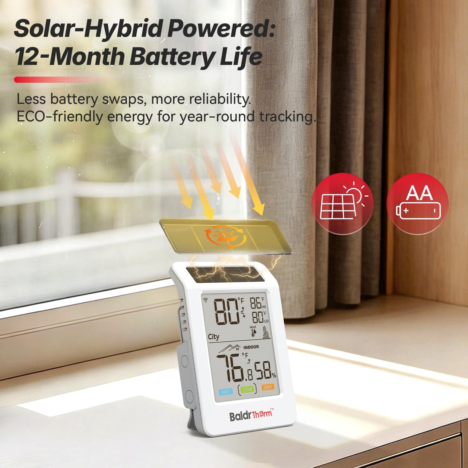 WiFi Thermometer Hygrometer, Wireless Indoor Outdoor Temperature Humidity Monitor, Solar Boost, 3.9" Large Screen, App Alerts for Home, Greenhouse, Pipe Protection, Cellar & Baby Room, view 2