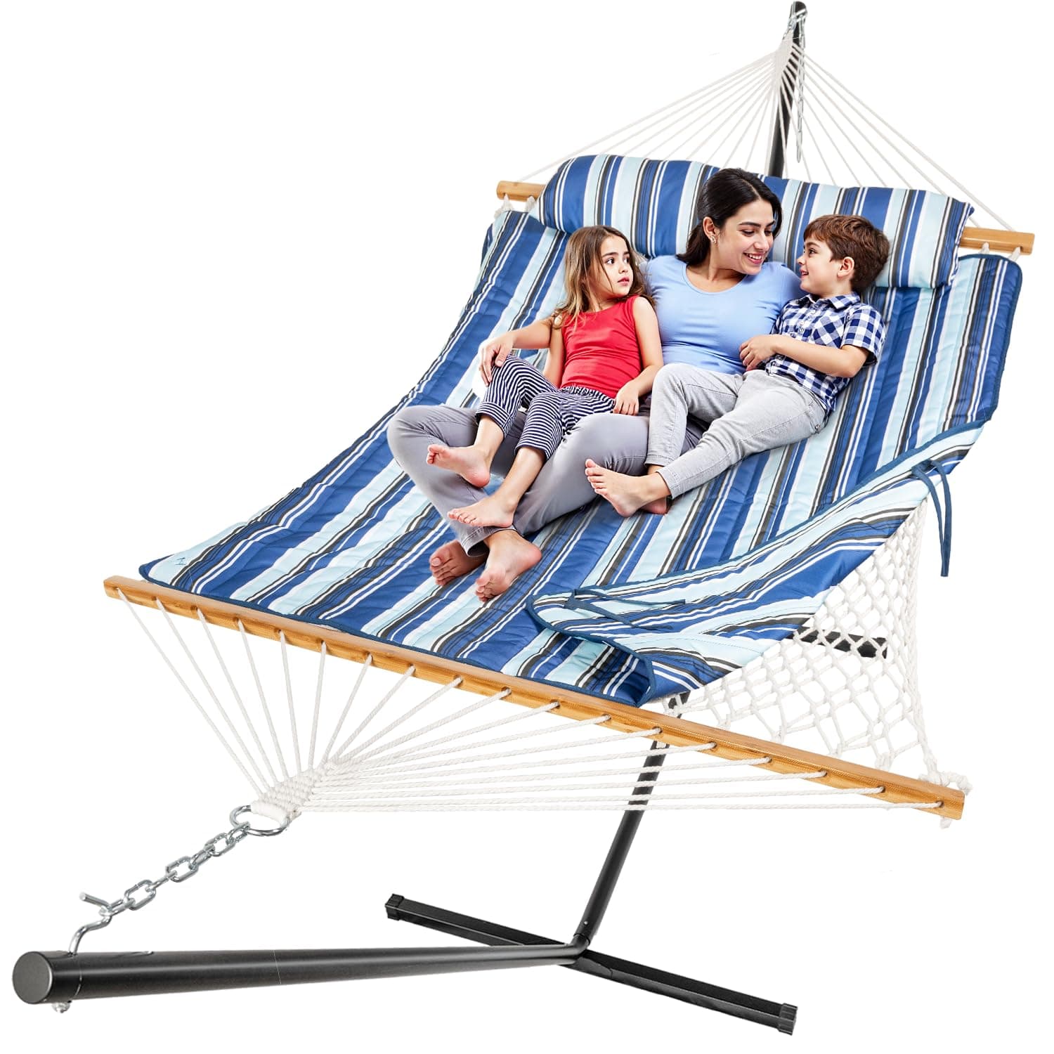 Everyfun Cotton Rope Hammock for 2 with Stand – 500 lbs Capacity, Adjustable Design with Removable Padded Mat, Portable Hammock with Carry Bag for Patio, Garden, Indoor/Outdoor Use,Blue Stripe, TickClip Tick verdict