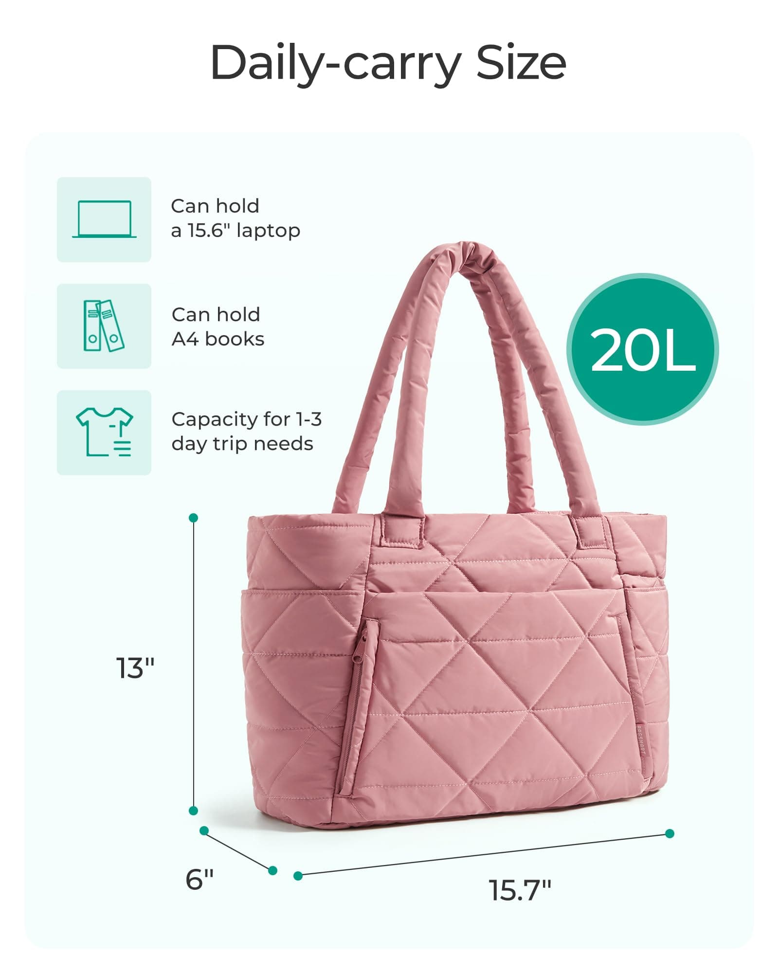 BAGSMART Tote Bag for Women, Puffy Tote Bag with Zipper, Large Quilted Shoulder Bag with Compartments for Travel, Work, Gym (Dark Pink), view 3