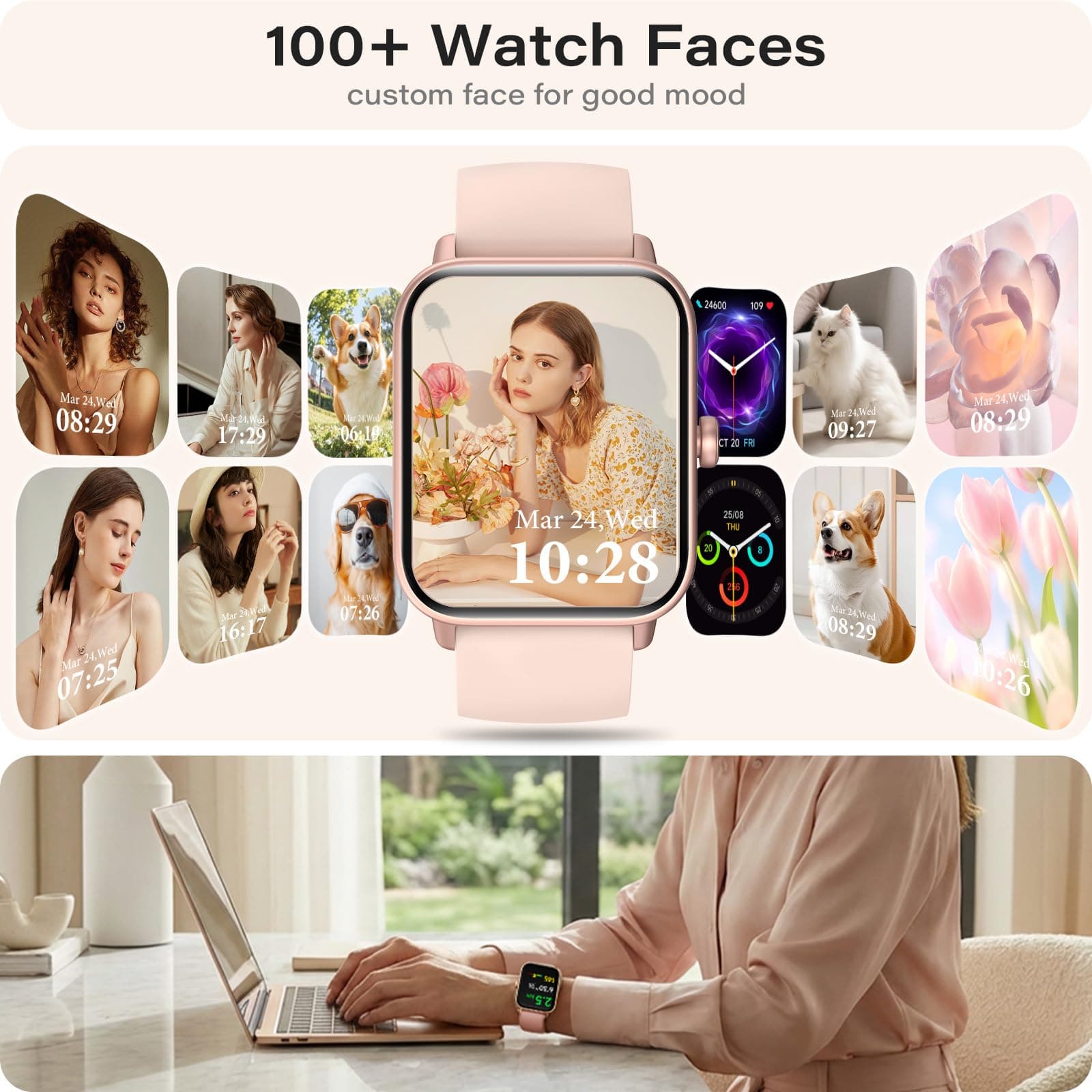 WNH Smart Watch for Women Android & iPhone, 1.8" Touch Screen Fitness Tracker with Alexa, Call & Notification Alerts, Heart Rate/Sleep/SpO2 Monitor, IP68 Waterproof, 120+ Sport Modes (Pink), view 8