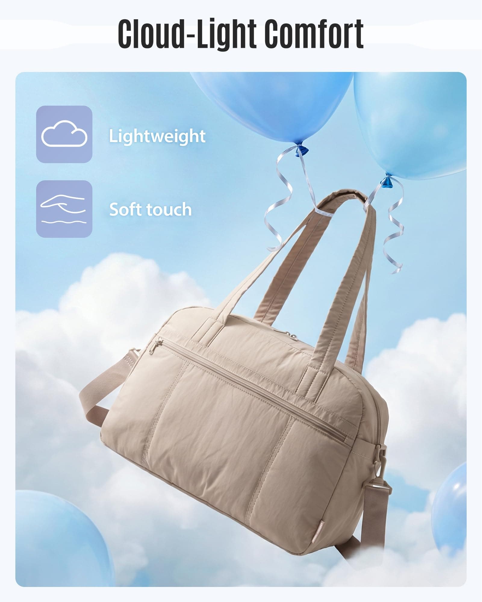 LIGHT FLIGHT Personal Item Travel Bag, Lightweight Gym Bag for Women, 20L Weekender Duffel Bag with Toiletry Pouch, Carry on Overnight Dance Duffle, Camel, view 5