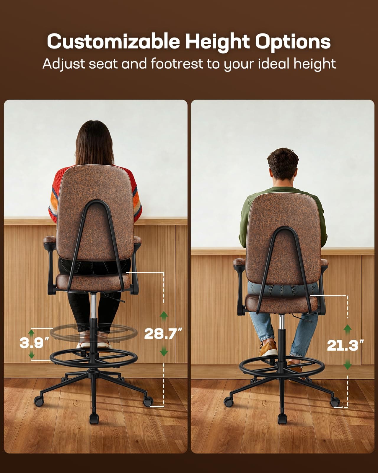 Marsail Ergonomic Drafting Chair for Standing Desk, 330lbs Heavy Duty Tall Office Chair with Adjustable Foot Ring & Flip-Up Arms, Comfort Brown Leather, 3.5" Thick Cushion, view 7