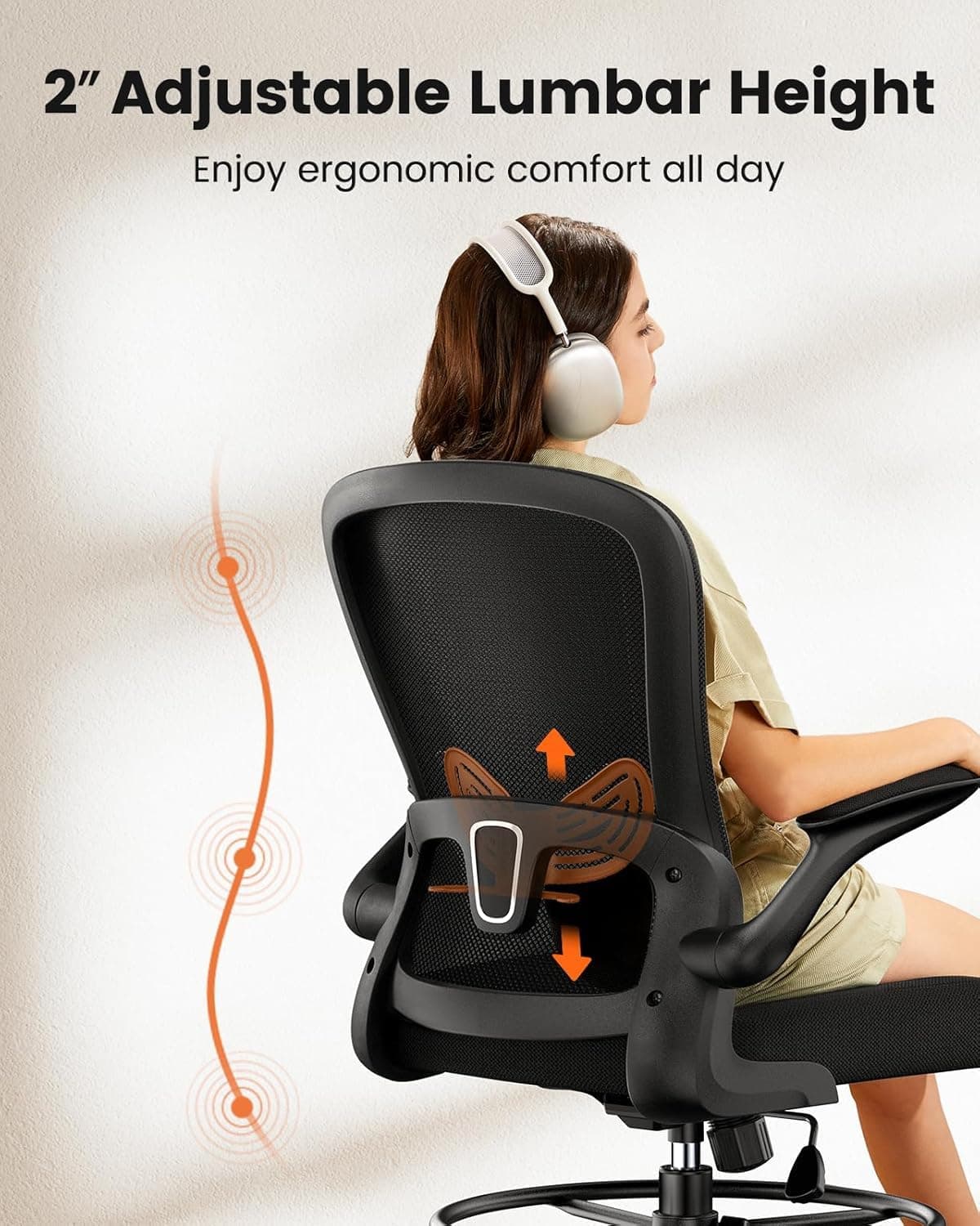 ErGear Drafting Chair, Standing Desk Chair with Flip-Up Armrests, High Desk Chair Adjustable Height, Ergonomic Tall Office Chair with Lumbar Support and Adjustable Footrest Ring, view 3