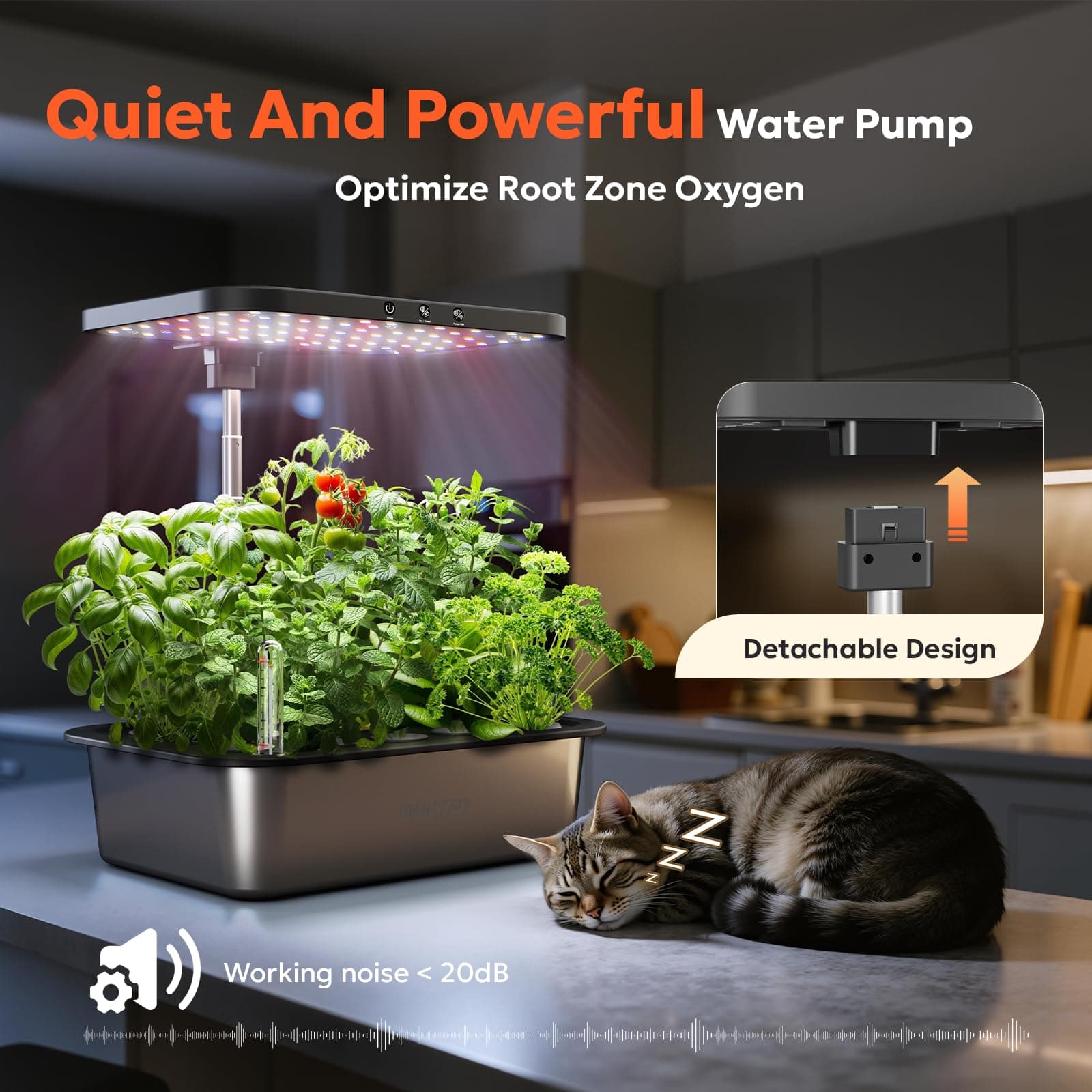 owltron Smart Hydroponics Growing System Kit,15 Pods Indoor Herb Garden with 36W LED Grow Light & APP Control, Planting Height Up to 30", Quiet Water Pump, Ideal Gift for All Ages Dark Silver, view 7