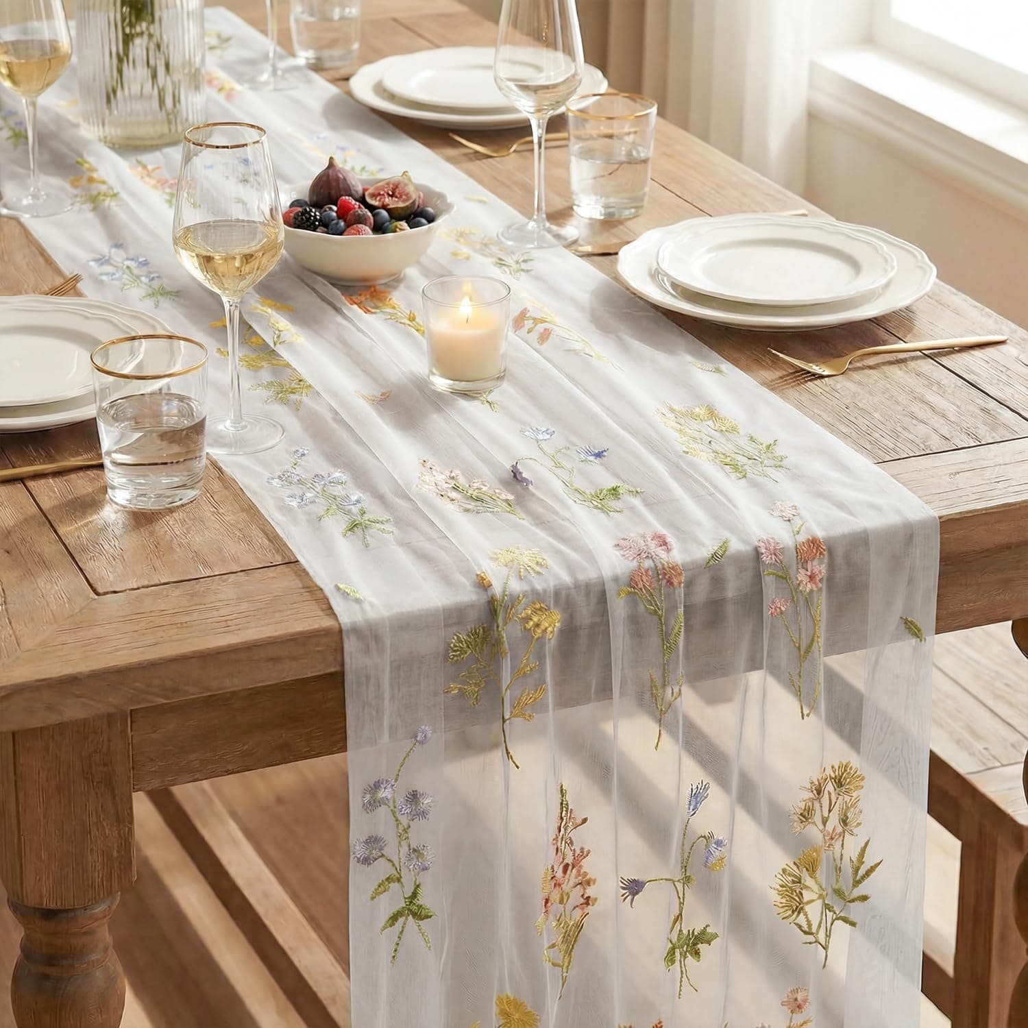 Artoid Mode 3PC Wildflower Floral Milky White Gauze Embroidery Table Runner 120 Inch 10FT, Tulle Seasonal Spring Kitchen Dining Table Decor for Home Party, view 5