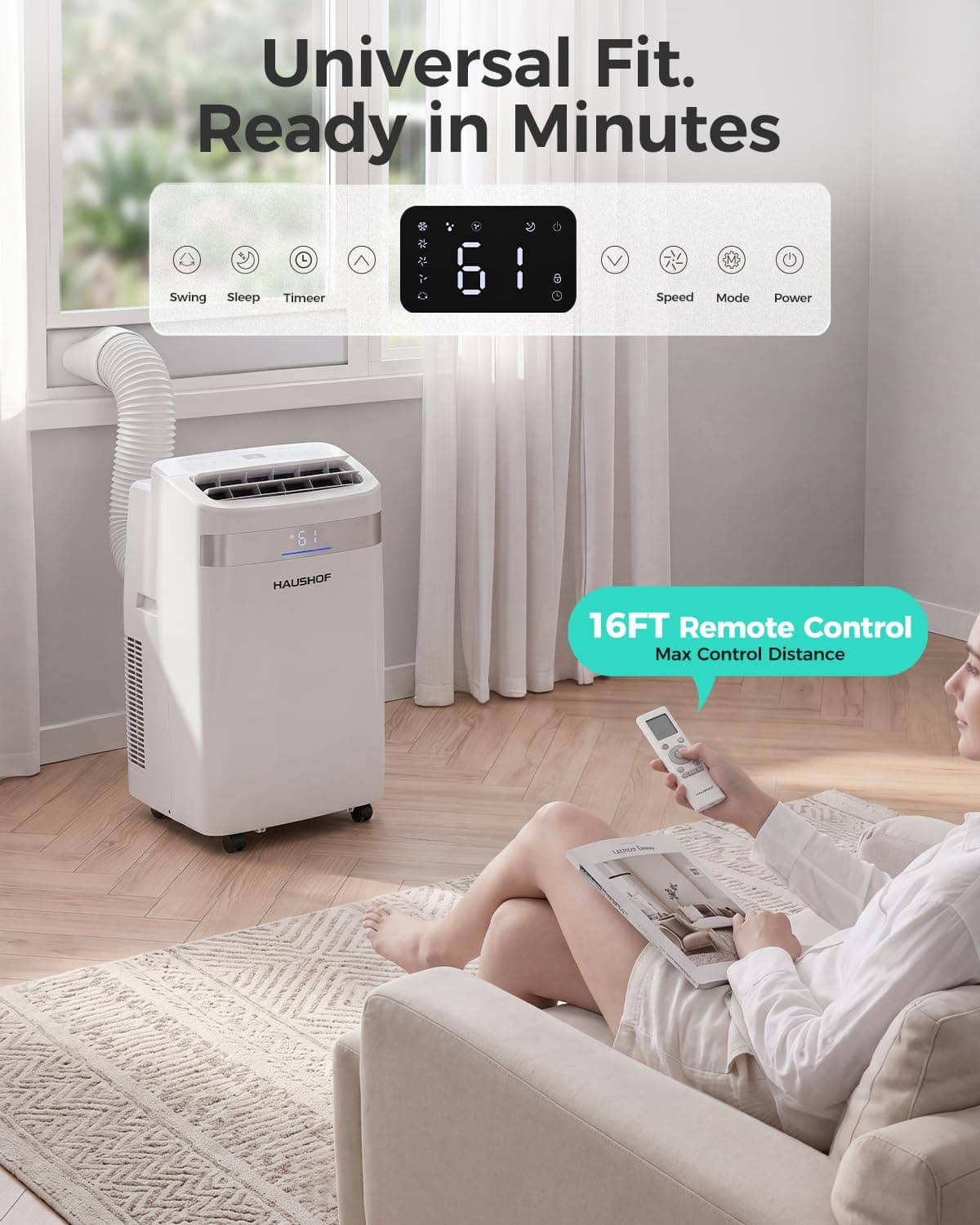 HAUSHOF 12000 BTU Portable Air Conditioners, Portable AC with Cool, Fan, Dry & Sleep Mode, AC Unit Portable with 35°-70° Auto Swing, Remote Control,24H Timer, Window Kit & Exhaust Hose Sleeve Included, view 6