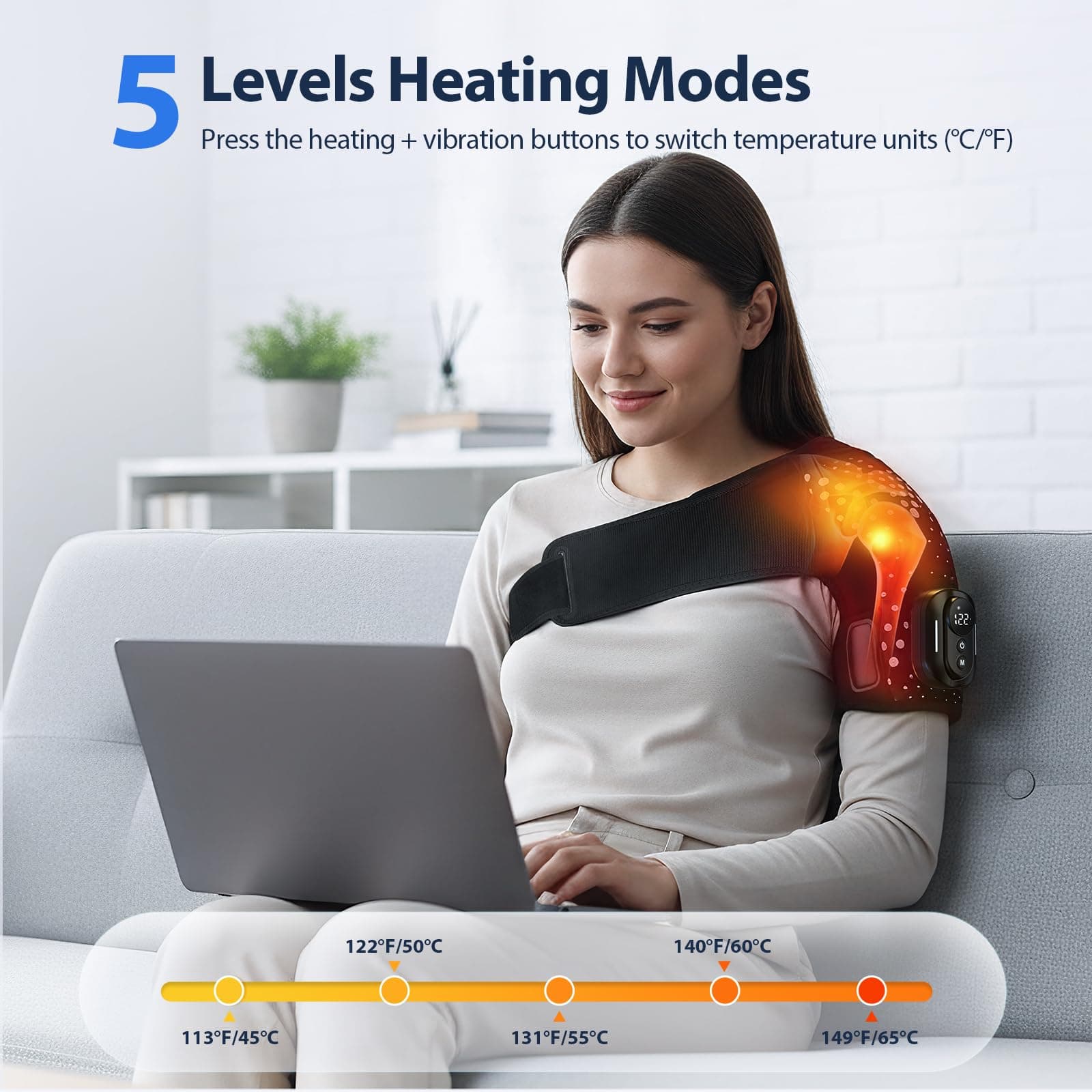 Cordless Shoulder Heating Pad Detachable Remote 5 Heat & Vibration Modes, view 2