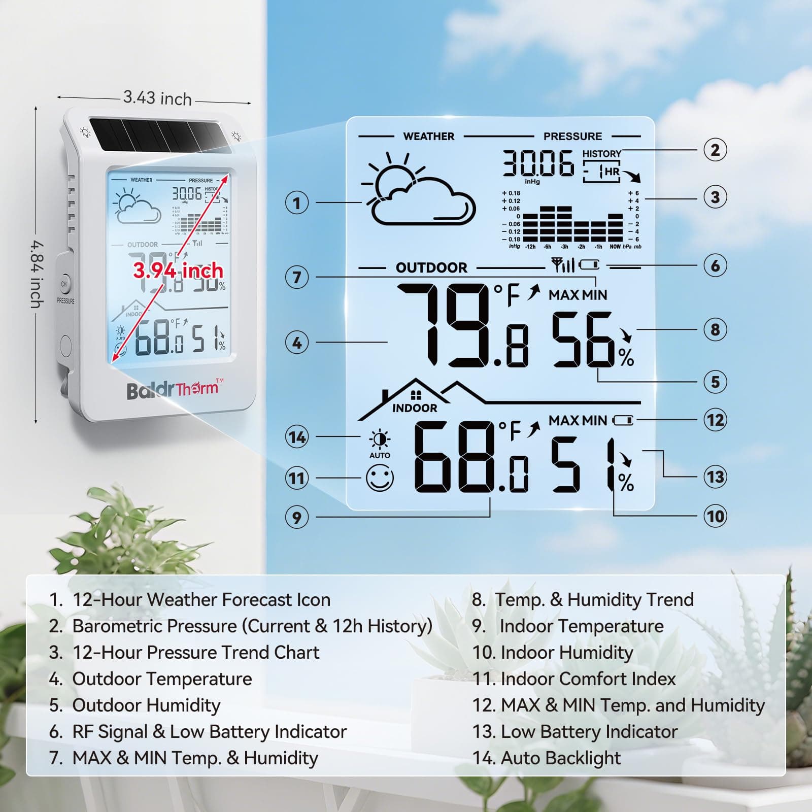 BaldrTherm Outdoor Indoor Thermometer Wireless Weather Station, Dual-Zone Childroom Temp Humidity Monitor, Auto Smart Backlight,Temp/Humidity/Barometric Trend Visualization, White&White, view 7