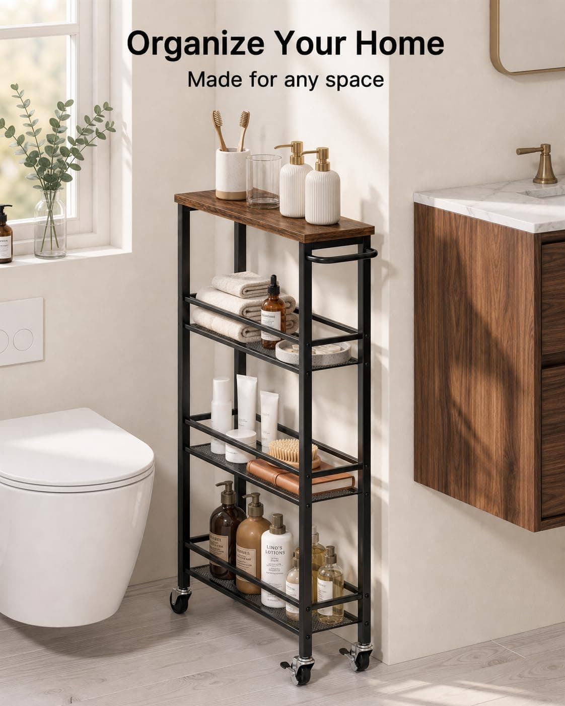 Pipishell Slim Storage Cart with Wheels - 4 Tier Rolling Kitchen Storage Cart with Handle and Wood Top, Metal Slim Bathroom Cart for Laundry Room, Bathroom, Kitchen, Narrow Space, Black & Rustic Brown, view 4