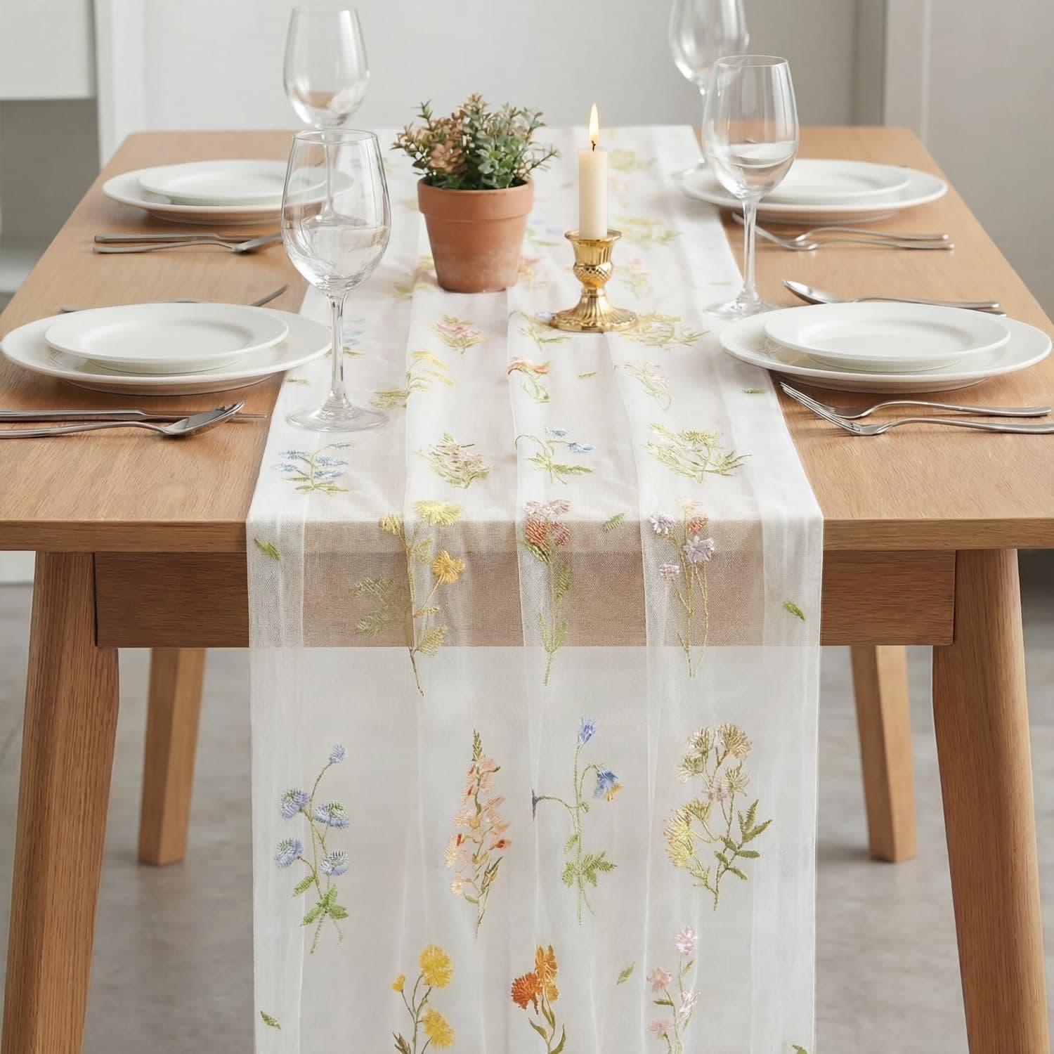 Artoid Mode 3PC Wildflower Floral Milky White Gauze Embroidery Table Runner 120 Inch 10FT, Tulle Seasonal Spring Kitchen Dining Table Decor for Home Party, view 3