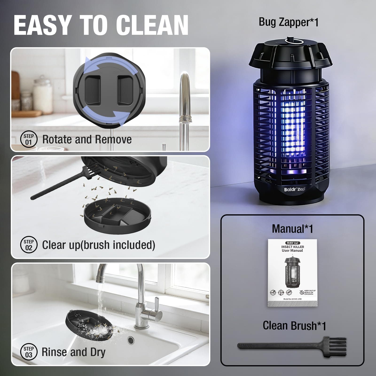 BALDR Bug Zapper Outdoor Indoor, 20W Power & 4200V Instant Grid Mosquito Repellent, Coverage of 1/2 Acre Fly Trap for Patio, Backyard, Home,2 Pack, view 6