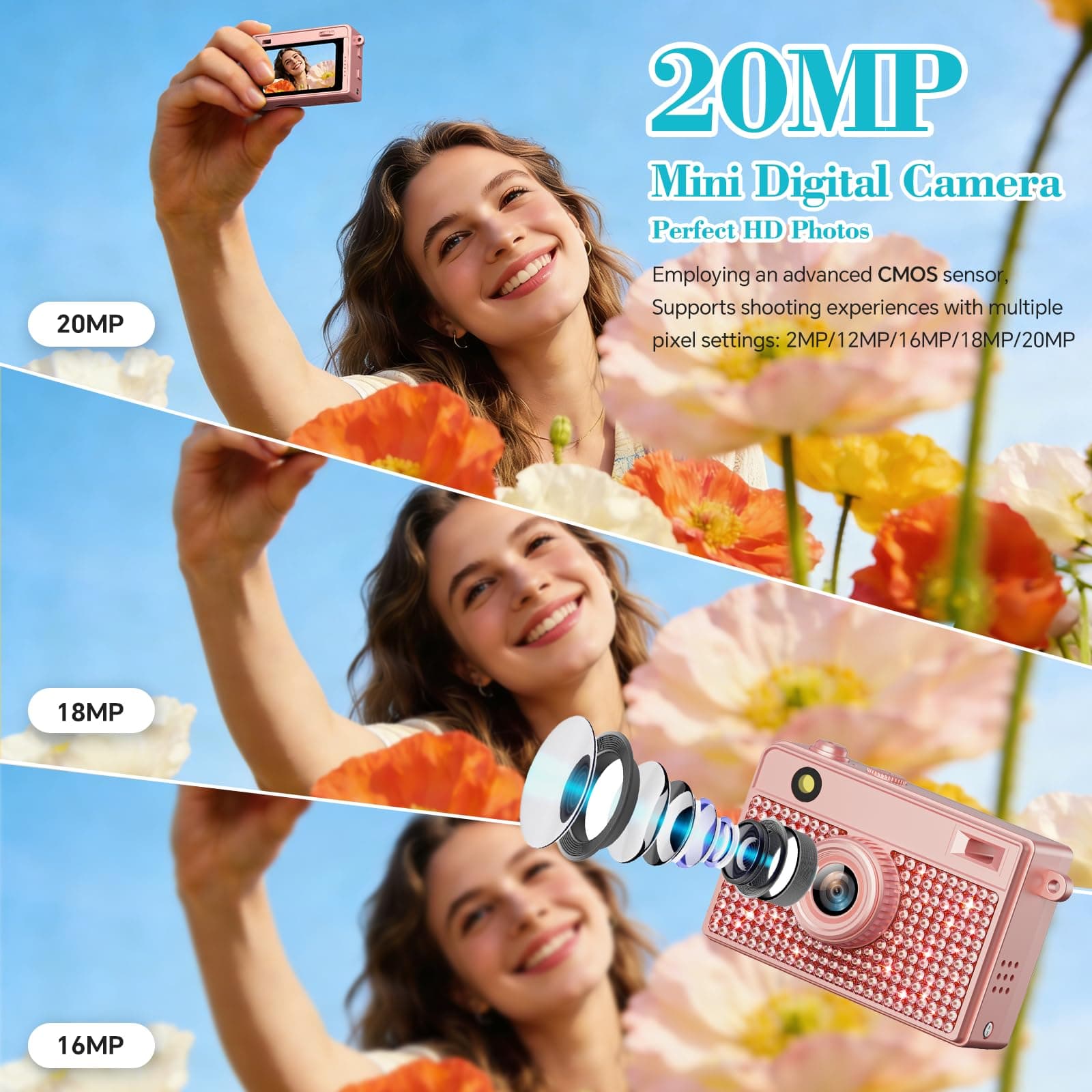 Trunsif Mini Camera - 2K Mini Digital Camera with 16GB Card,Long Battery Life,Travel Vlog & Photo Shooting Anytime,Fashion Accessories,Necklace & Keychain Camera,Gifts for Friends and Women,Rose Gold, view 3