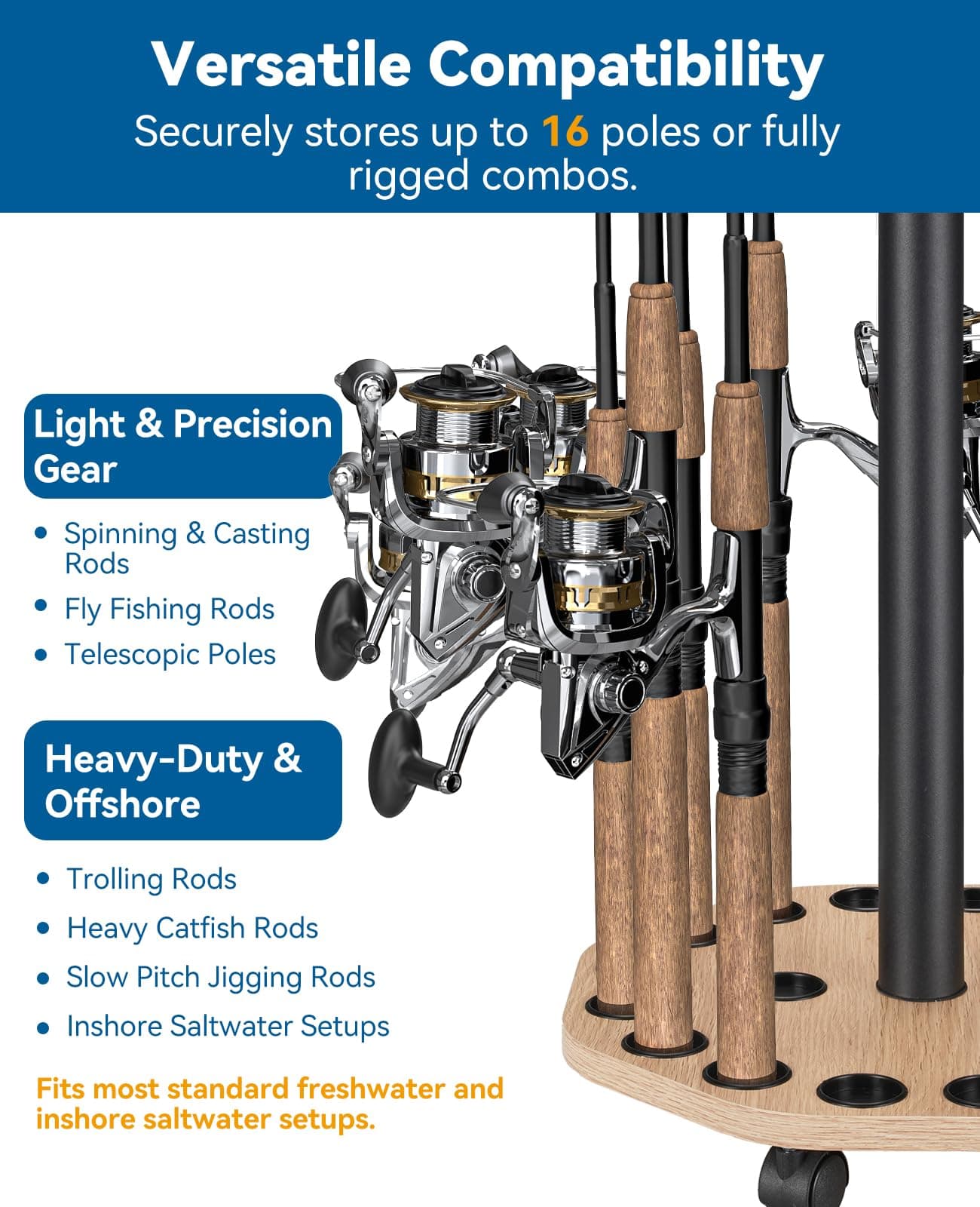 KEXMO Mobile Fishing Rod Holder Pole Rack for Garage, 360 Degree Lockable Wheels, Rigging Station, Heavy-Duty Steel Space-Saving Floor Stand, Holds 16 Combos, Fishing Gear Storage, Natural Wood Grain, view 6