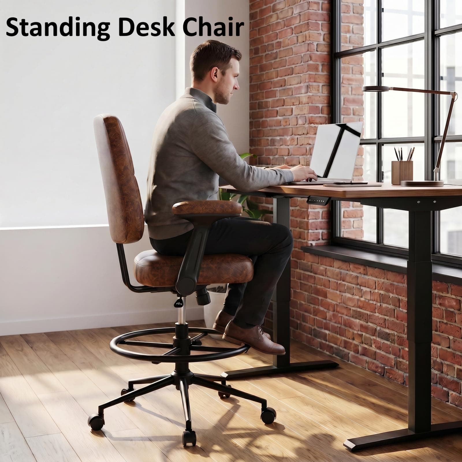 Marsail Ergonomic Drafting Chair for Standing Desk, 330lbs Heavy Duty Tall Office Chair with Adjustable Foot Ring & Flip-Up Arms, Comfort Brown Leather, 3.5" Thick Cushion, view 8