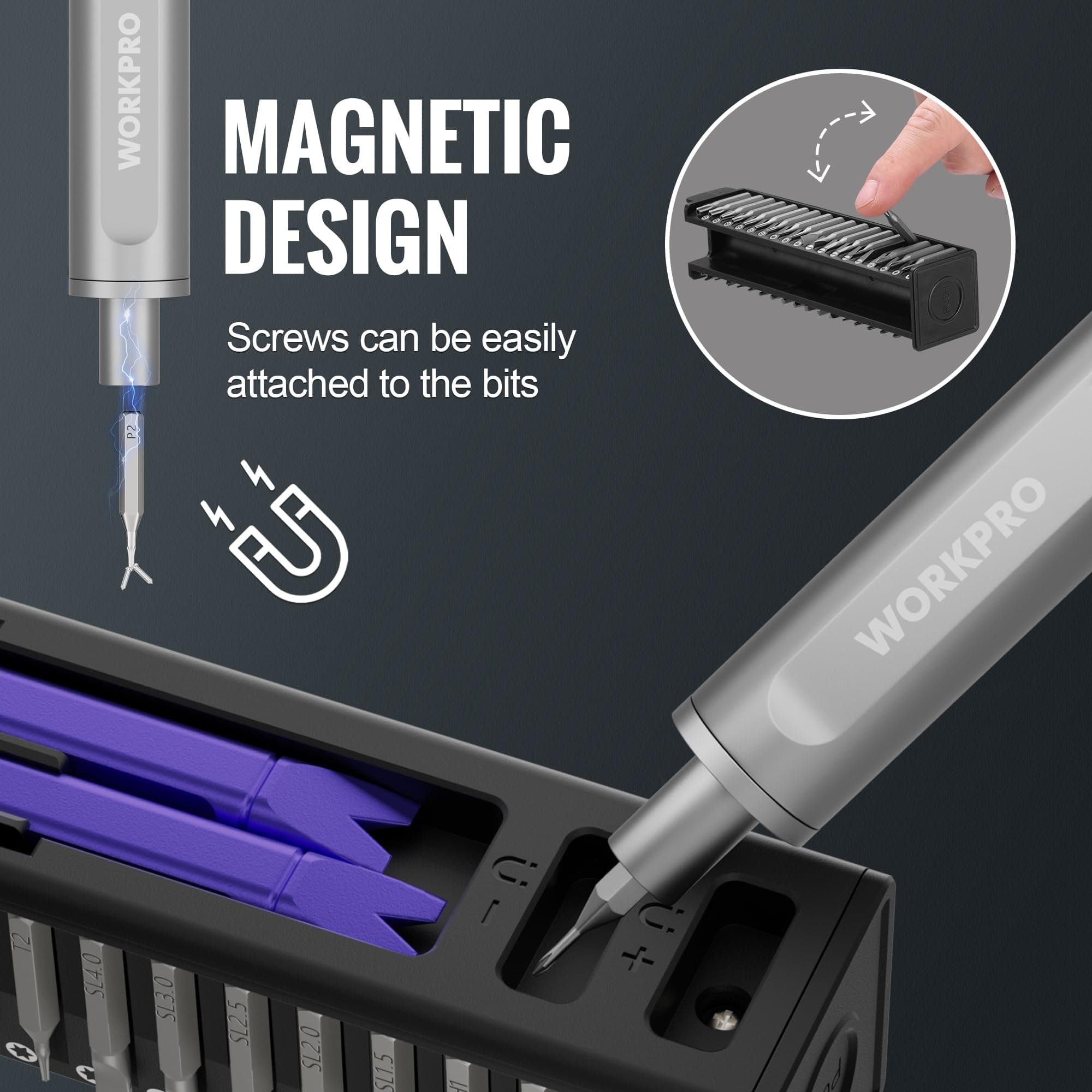 WORKPRO Mini Electric Screwdriver with Magnetizer, 36 S2 Steel Bits & 2 Pry Bars, 3.7V Rechargeable Precision Screwdriver Set for Phone Camera Laptop, view 7