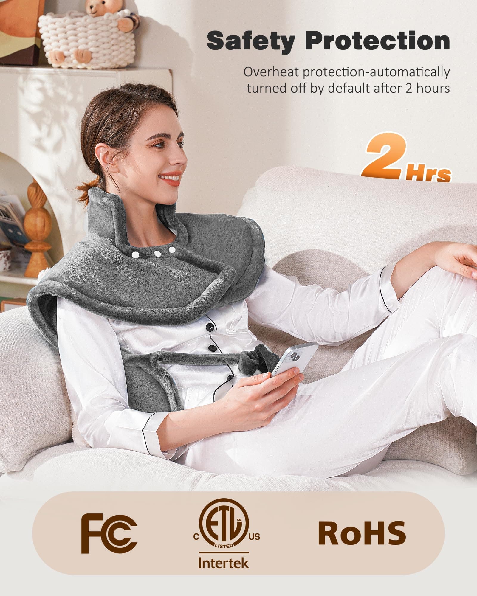 Yokimisu Heating Pad for Neck, Shoulders and Back Pain Relief, 2.5lb Weighted Large 24"x33" Wearable Electric Heating Pad, Fast Heating, ETL Certified, Gift for Women and Men, Ideal for Mom & Dad-Grey, view 5