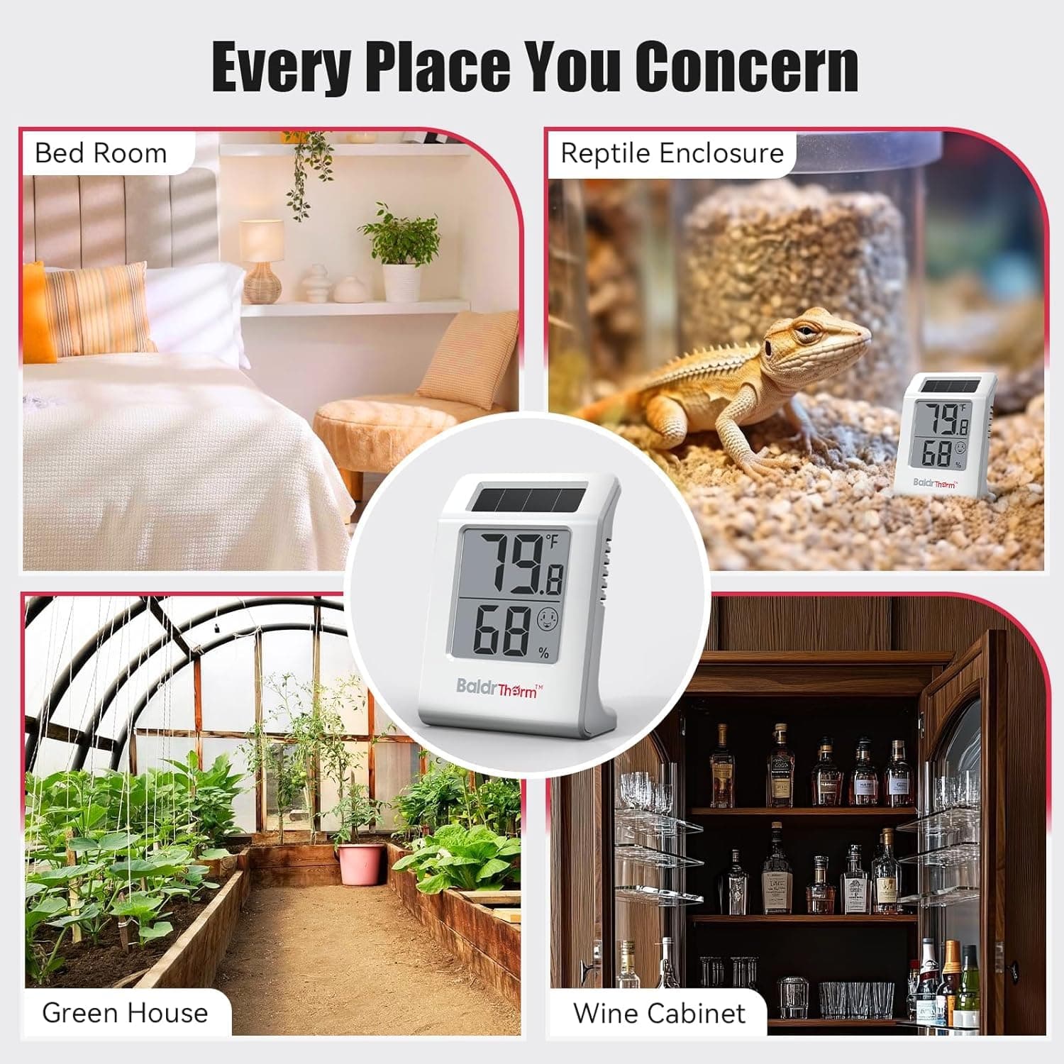2.2'' Digital Thermometer and Hygrometer Meter, Solar-Powered Indoor Temperature Sensor Humidity Monitor, Humidity Gauge for Baby Rooms, Bedrooms, Home, Office, and Wine Cellars, White, 2Pack, view 8